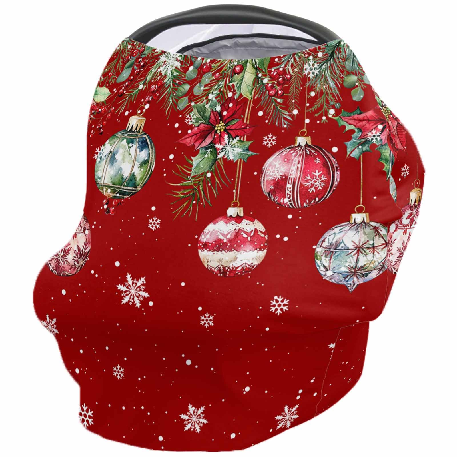 Nursing Cover for Breastfeeding Scarf, Red Vintage Christmas Ornaments Ball Poinsettia Leaves Baby Car Covers Super Soft Multi Use for Canopy Shopping Cart Cover Blanket Stroller Cover