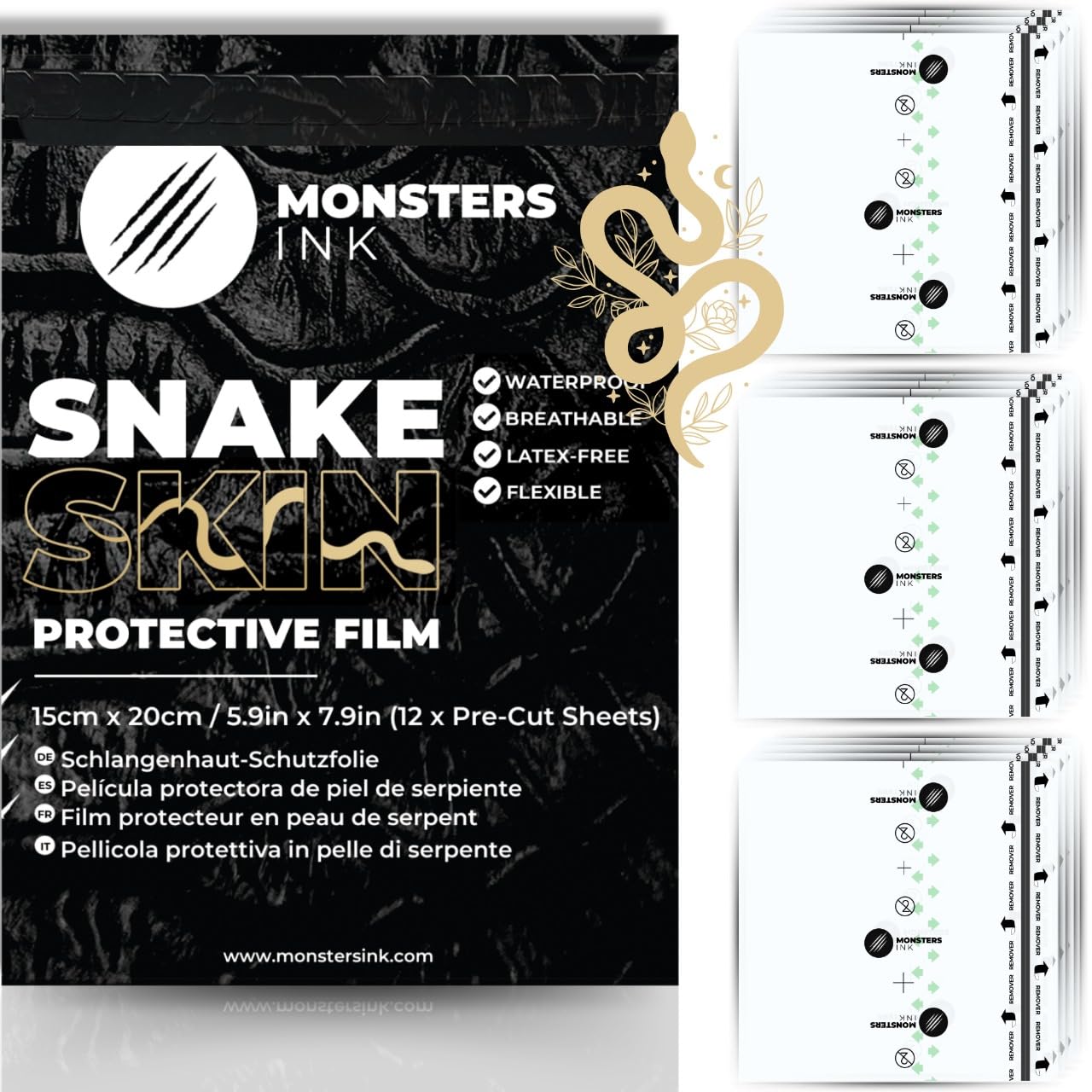 Monsters Ink Snake Skin 12 x Matte Second Skin Tattoo Cover Aftercare Bandage, Tattoo Wrap Film - Image 2