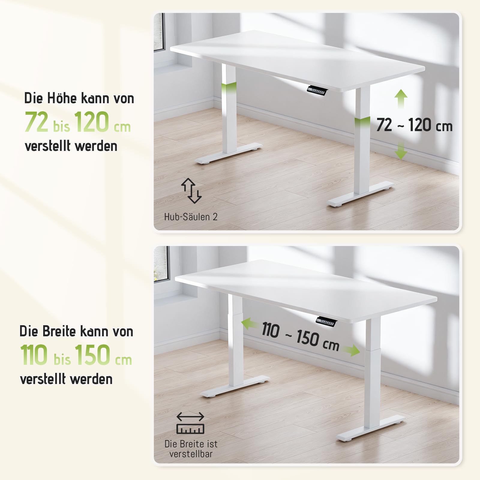 Höhenverstellbarer Schreibtisch mit 2 Motoren, 25 mm starker, einteiliger Nahtloser Tischplatte, mobiler elektrischer Computertisch – perfekte Ergonomie für Ihr Büro (Weiß+Weiß Frame, 140cm*70cm)