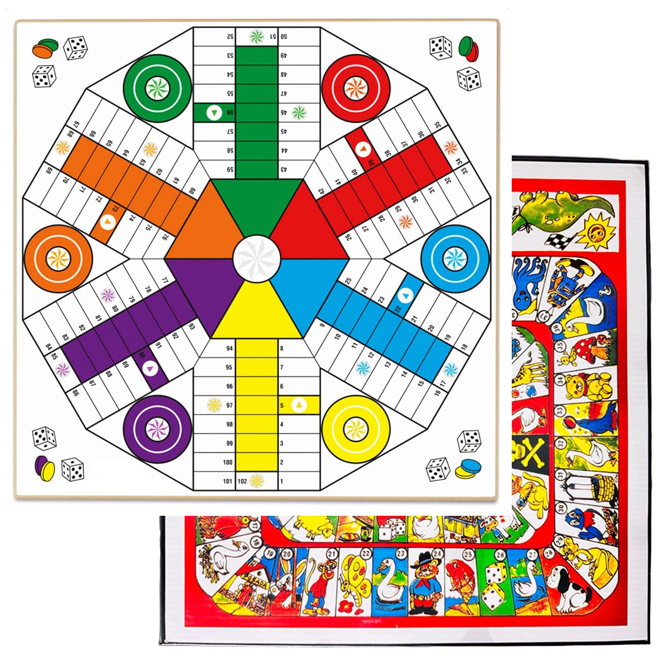 Oca y Parchís/Juego de Mesa 4-6 Jugadores/Juego Tradicional para Niños y Adultos/Reversible 2 en 1 Ambas Caras con fichas para 6 Jugadores 35x35cm