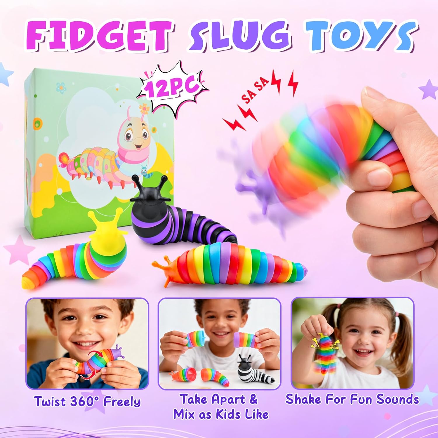 Cevioce 12PCS Slug Fidget Toys Bulk, Toddler Valentines Day Gifts for Kids 3+ Boy Girl Sensory Figette Worm for Adults Stress Relief for Autism ADHD Autistic Travel Toys Easter Basket Stuffers A - Image 4