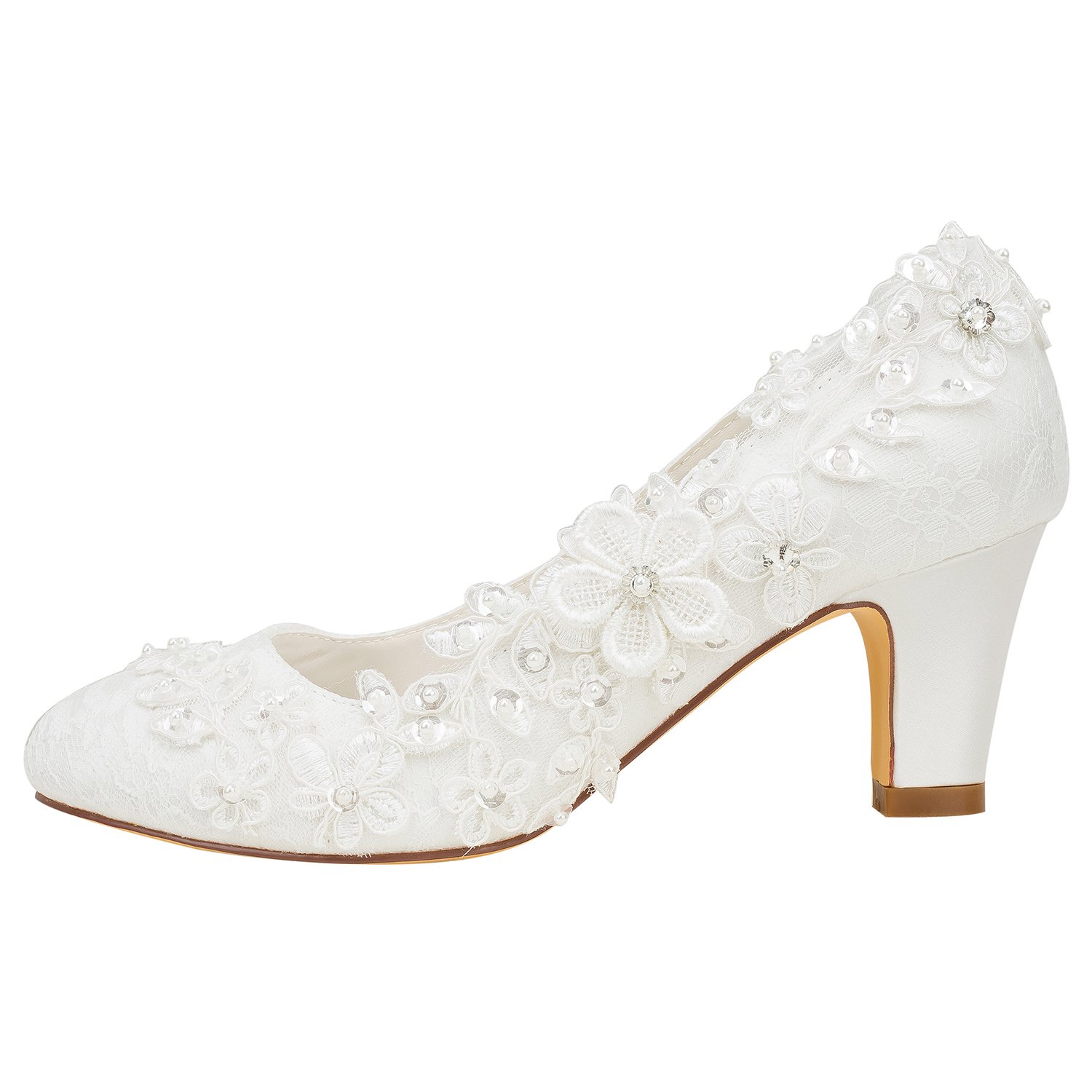 Chaussures de mariée Femmes Soie comme du Satin Talon bottier Escarpins avec Couture Dentelle Une Fleur Cristal Pearl