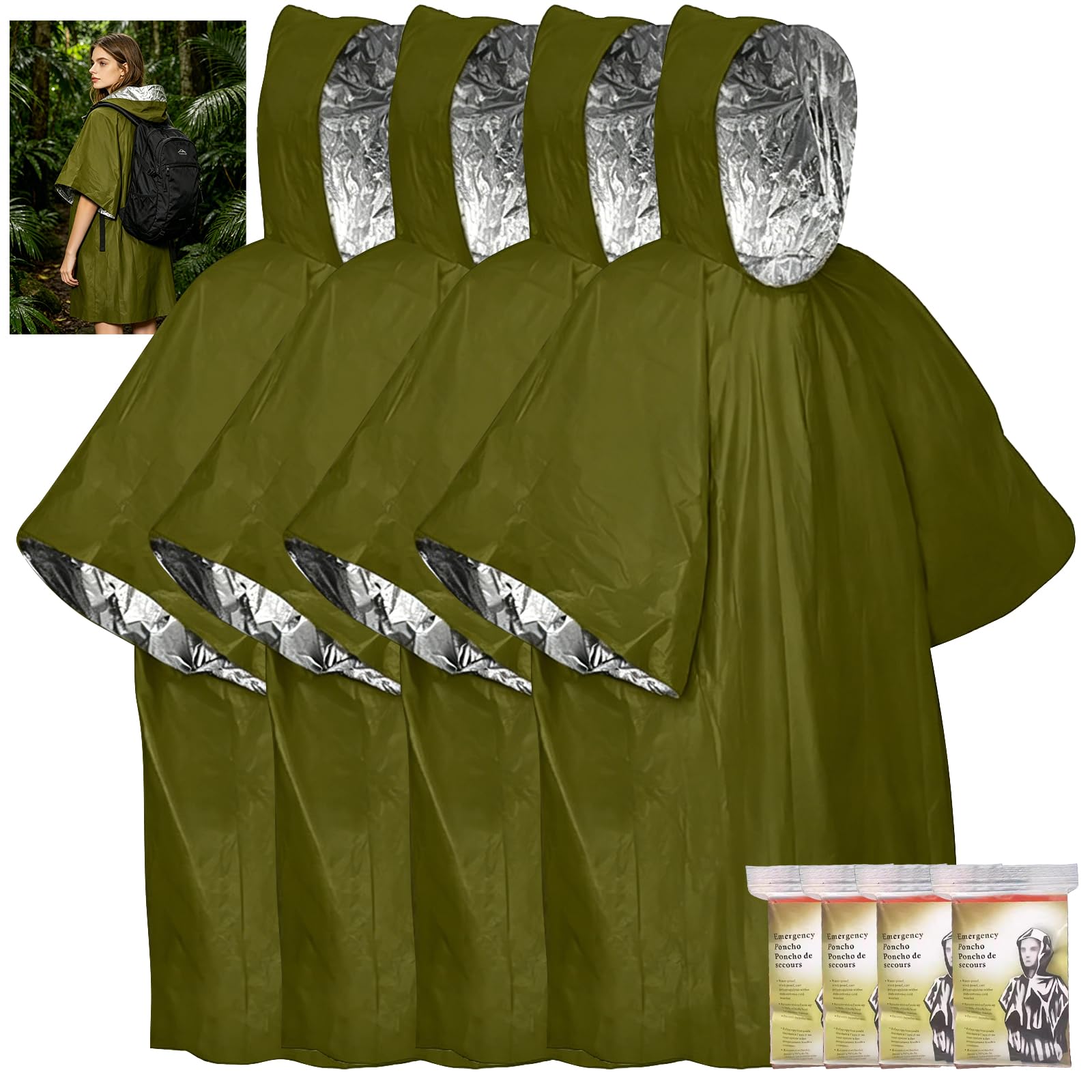 Dojasohilmi Olive Green / Silver Emergency Survival Poncho, Thermal Mylar Foil, Waterproof, Windproof, Reversible With Hood, 4 Pack