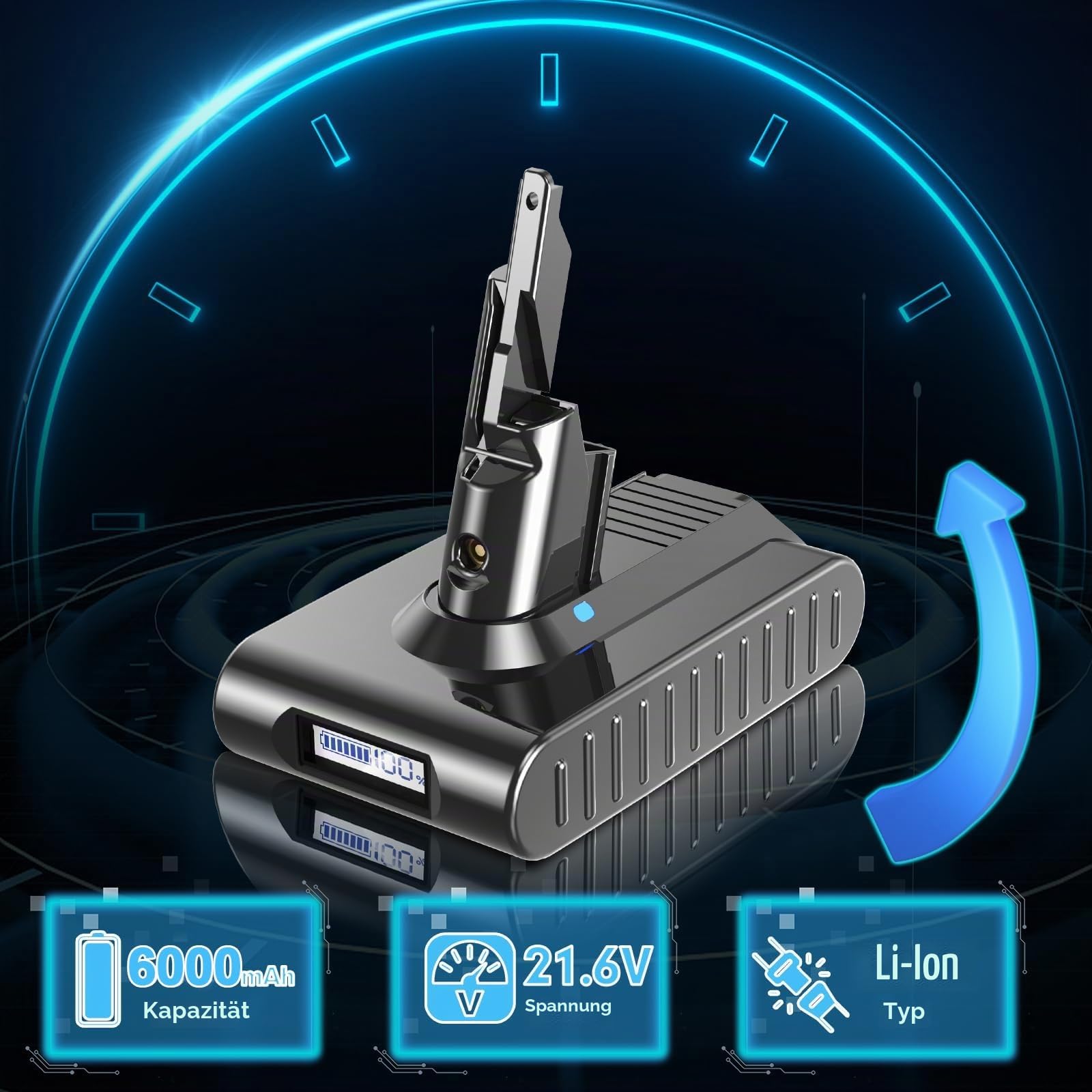 6000mAh V7 Ersatzakku für Dyson V7 Animal Motorhead Absolute Fluffy Trigger SV11, Akku mit LCD-Display & Echtzeitanzeige, Hohe Kapazität Li-ion Staubsauger Akku inkl. 2 Vorfilter & Gehäuseschutz