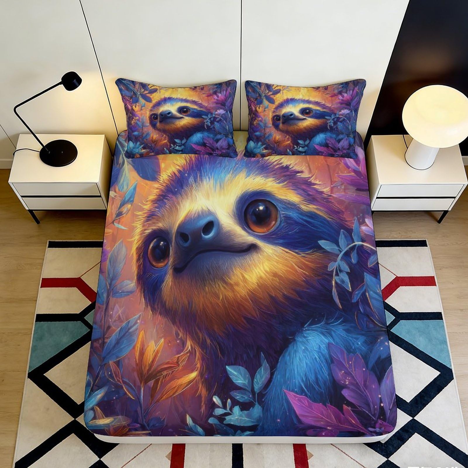 3D Printed Sloth Forest Fitted Sheet Microfiber Anti-Slip Mattress Cover Vibrant Decor for Bedroom Guest Room Machine Washable 160x200x25cm