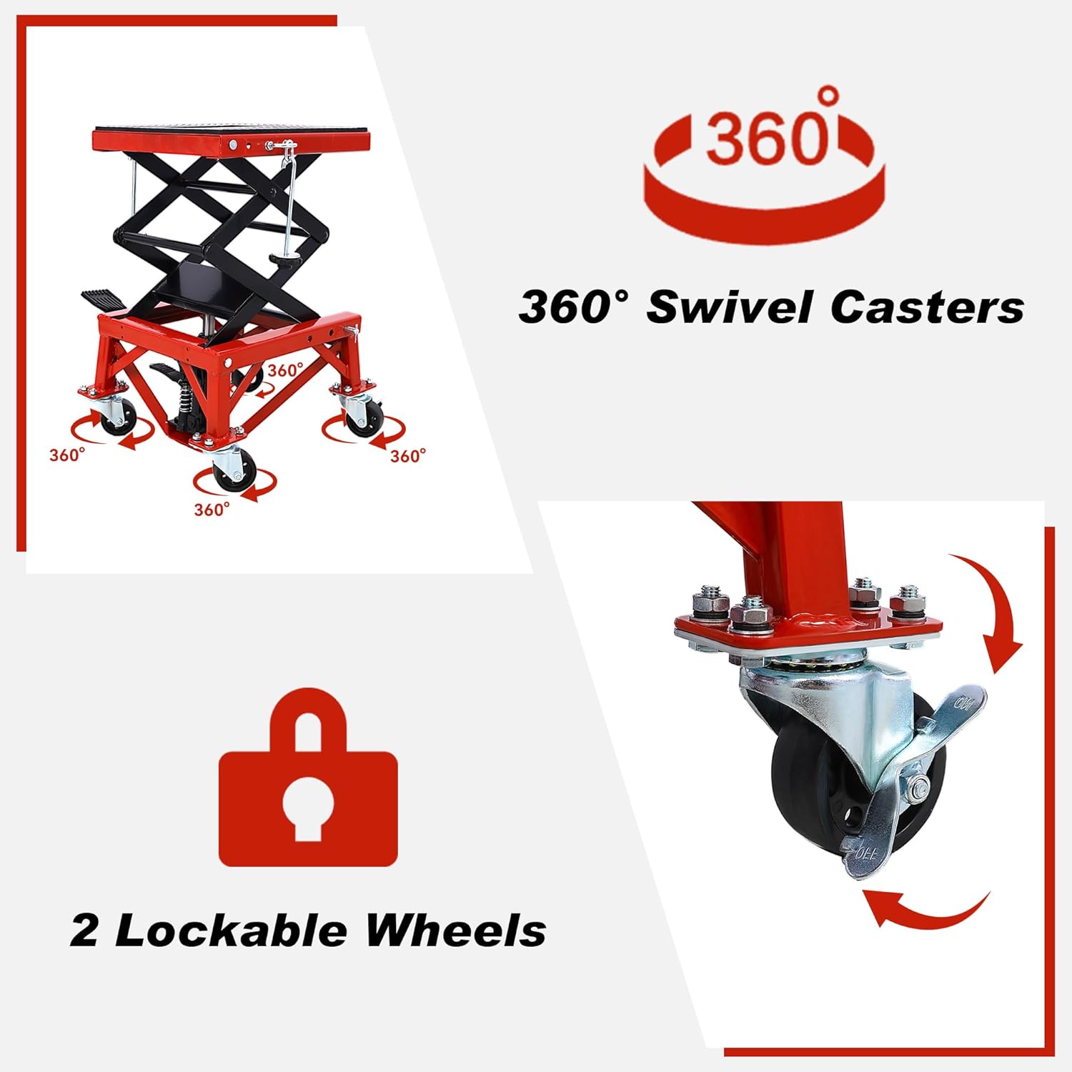 300 lbs Hydraulic Motorcycle Scissor Jack Lift – Foot Step Lever & 4 Wheels, Adjustable Height 13.4"-36.2" – Heavy-Duty Hydraulic Lift Table for Dirt Bikes, Snowmobiles, and Motorcycles (Red)