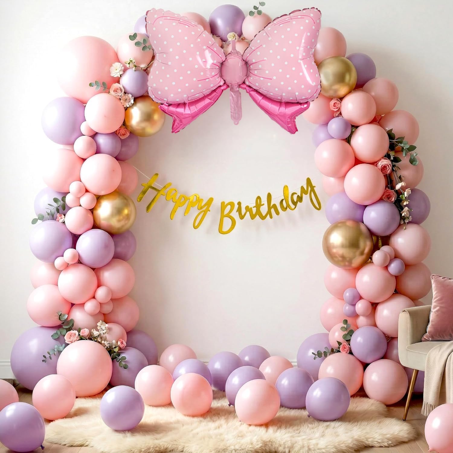 SpecialYou® Bow Theme Happy Birthday Decoration Kit for Girls- 59Pcs with Pink & Purple Balloons for Birthday Decor Items, Foil Balloon Decoration Kit-image-49