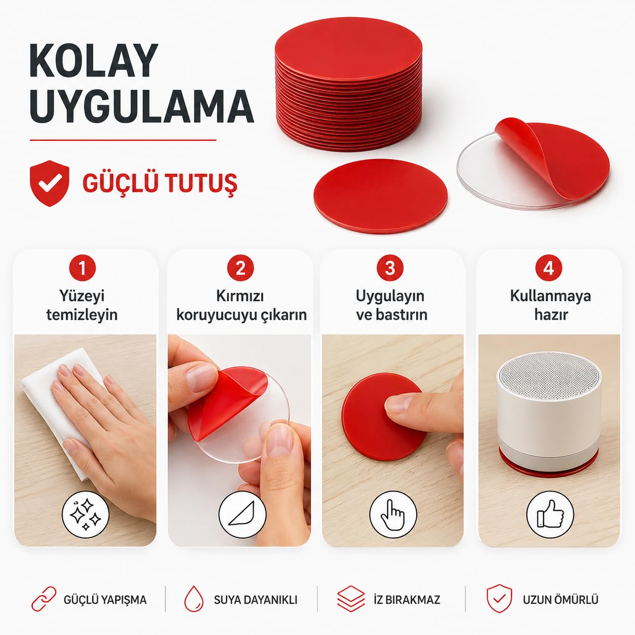 Alper Banyo 50 Adet 35x35 mm Oval Şeffaf Yapışkan Bant, Kırmızı Koruyucu Filmli Güçlü Montaj Pedi, Çift Taraflı İz Bırakmayan Çok Amaçlı Yapışkan Ped