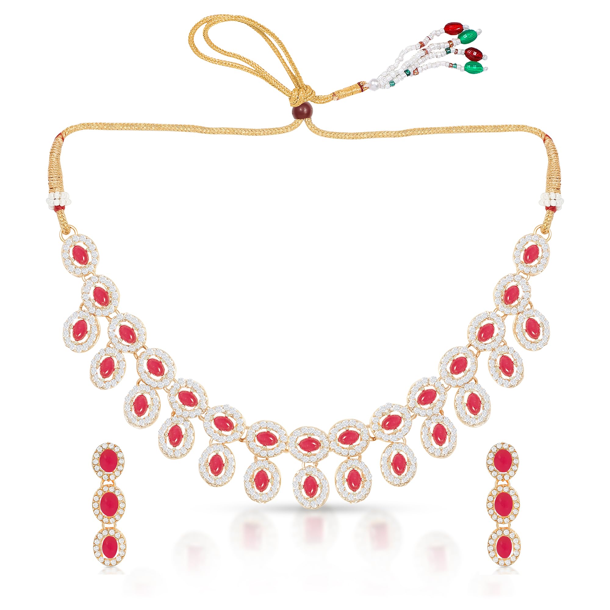 IIJ Red and White Rhinestone Necklace with Drop Earrings | Layered and Sparkling Round-Shaped Crystal Design | for Wedding Jewellery Set for Women (B0D9H9P96Z) Amazon Price History, Amazon Price Tracker