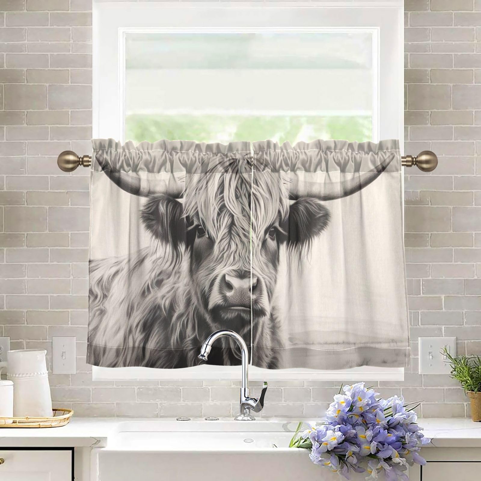 Flradish Vintage Highland Cow Kitchen Curtains 36 Inch Length Blackout Thermal Insulating Tier Curtains with Rod Pockets Short Curtains Home Decor for Living Room/Bedroom