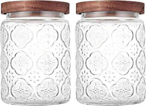 Custde Glass Storage Jars With Airtight Lid, 23.7oz Container For Kitchen Counter with Wooden Lid, brown sugar, candy, coffee, cookie, salt, tea, cute Jar Begonia Flowers*2