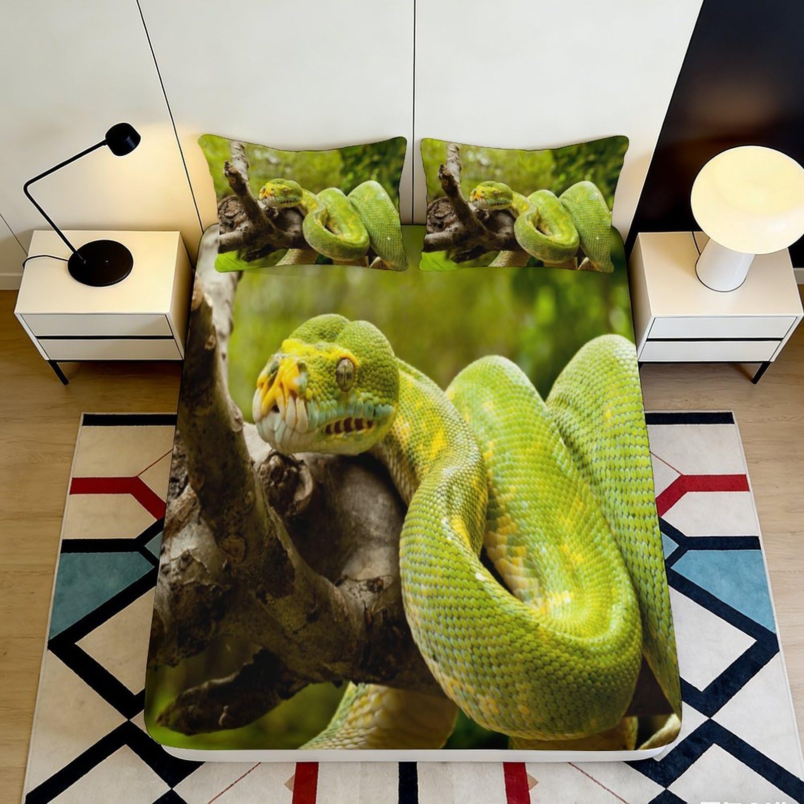 3D Printed Green Snake Fitted Sheet Microfiber Soft Bedroom Decor Jungle Animal Mattress Cover for Home Dorm 90x200x25cm