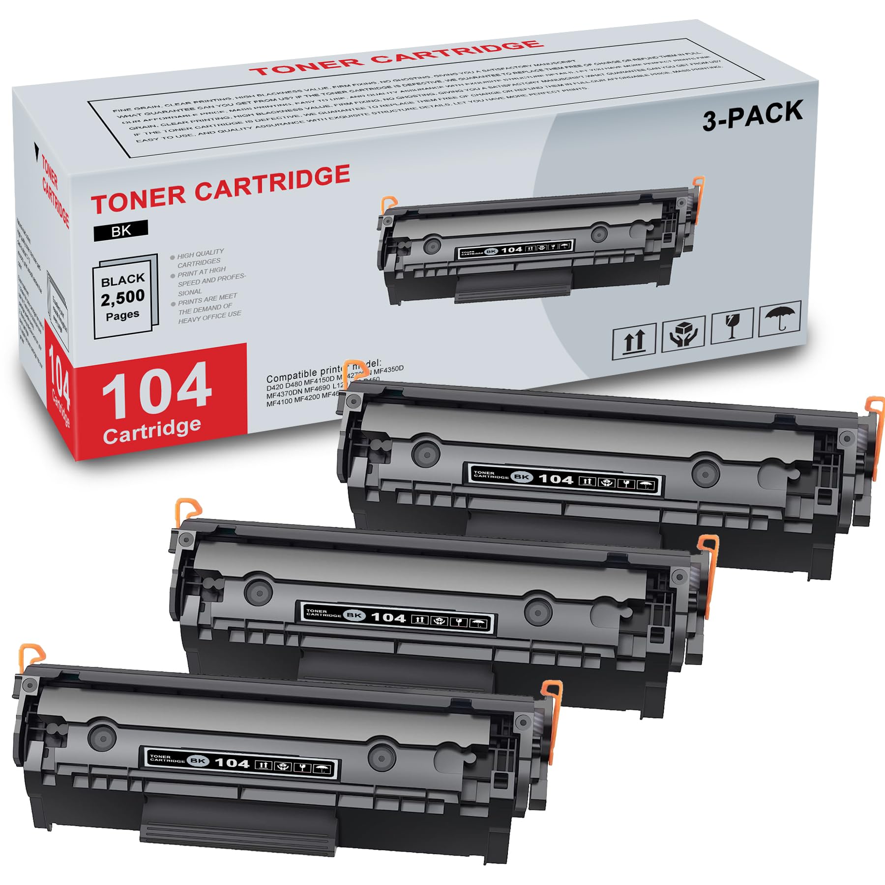 3-Pack 104 ‎0263B001 Black Toner Cartridge Compatible CRG104 104 Replacement for Canon imageCLASS D420 D480 MF4150d MF4270dn MF4350d MF4370dn MF4690