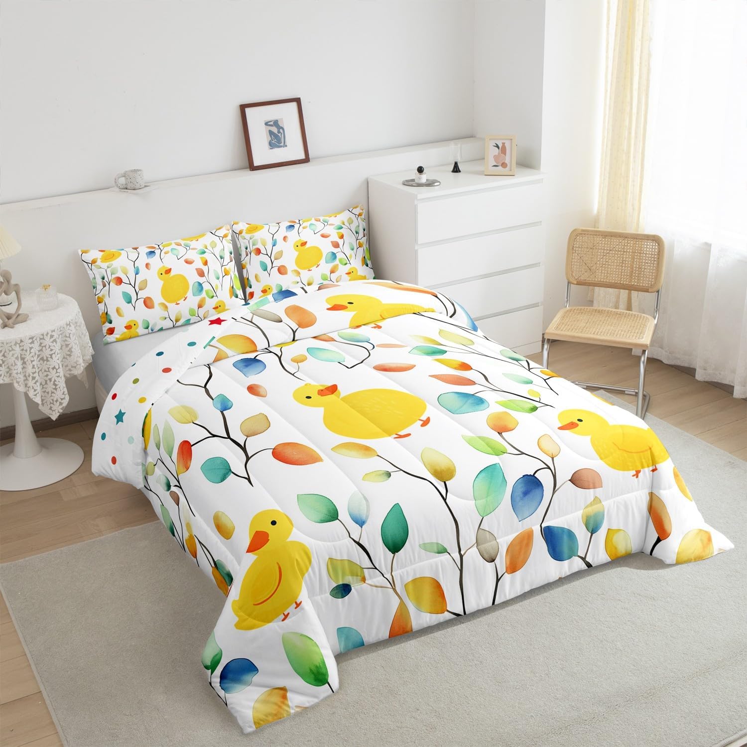 Erosebridal Cartoon Duck Queen Comforter Set for Kids Boys Girls Boho Floral Bedding Set, Colorful Leaves Bedding Comforter Sets Abstract Watercolor Plant Duvet Set, Farmhouse Animal Quilted Comforter