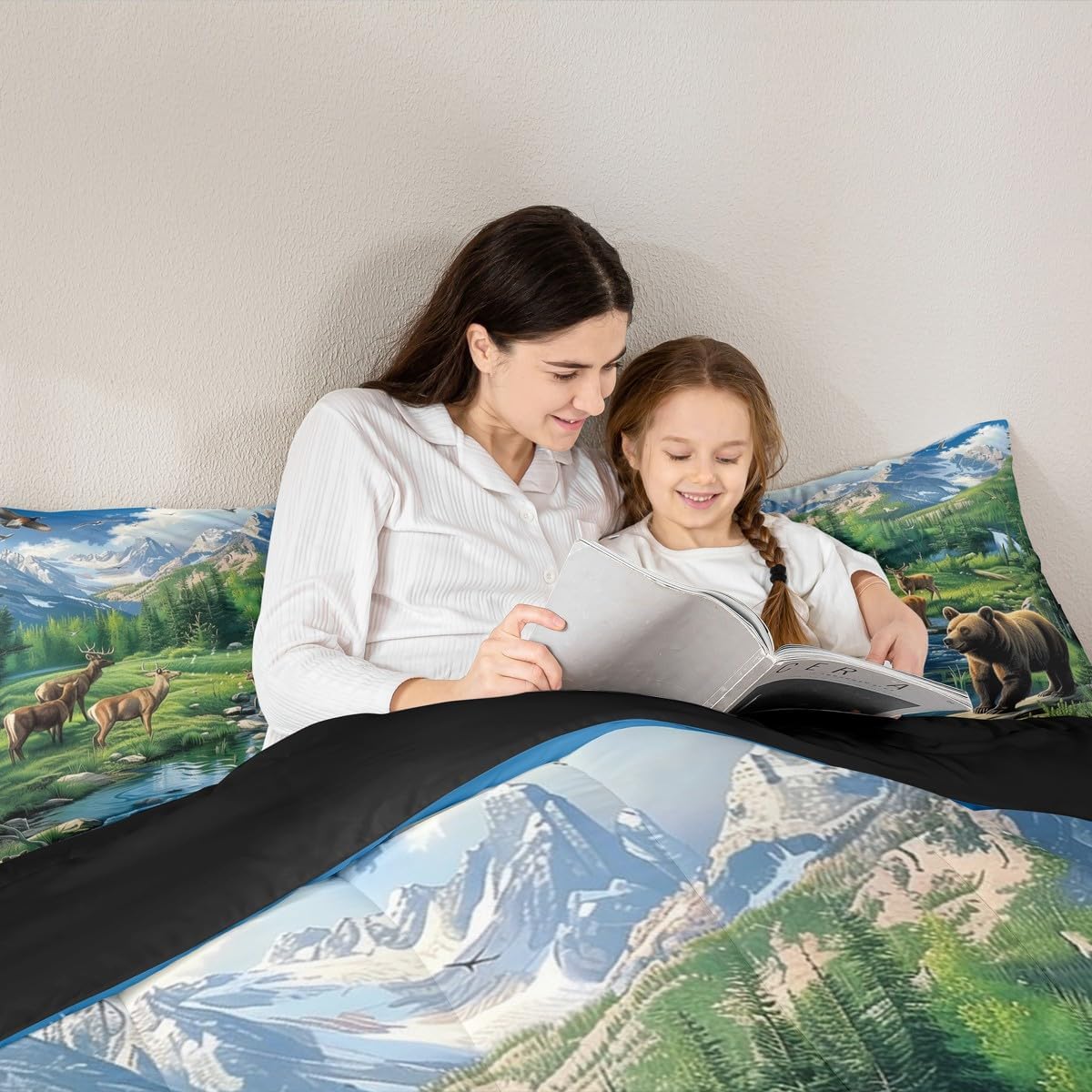 Erosebridal Woodland Bear Deer Comforter Set Queen Size River Mountains Birds Bedding Set for Kids Girls Women Wildlife Elk Natural Plants Comforter Landscape Green Blue Quilt Bedroom Decor