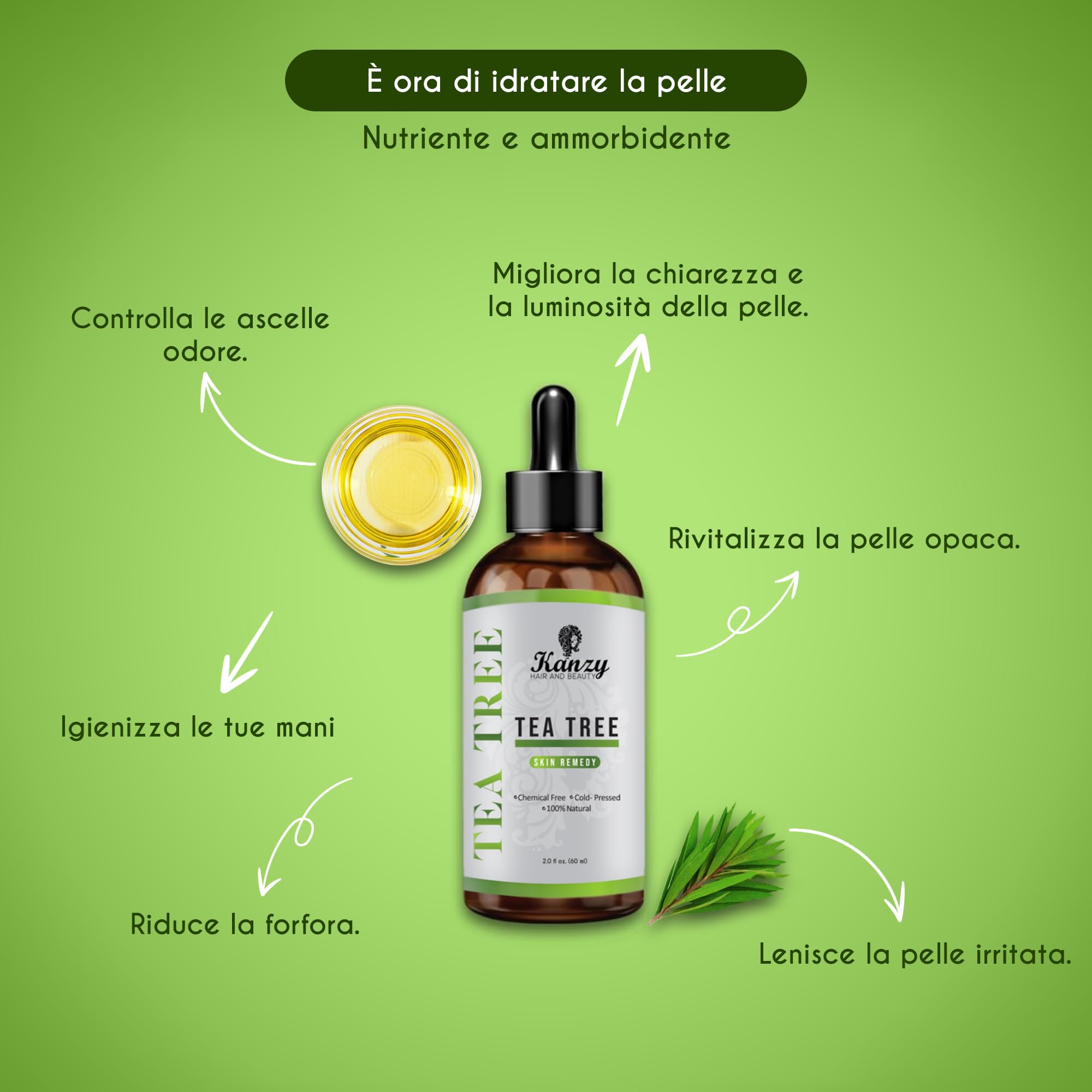 Kanzy Tea Tree Oil 60ml Olio di Albero Del Tè per Viso, Corpo, Unghie, Capelli e Aromaterapia Diffusore, Olio Essenziale Tea Tree
