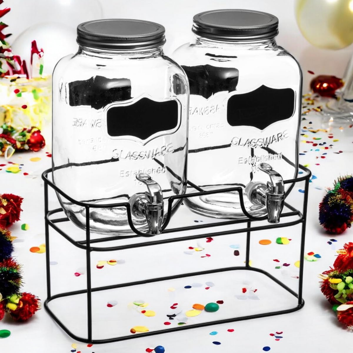 Distributeur Boisson Double avec Robinet 8 L (2x4L) - Fontaine à Eau et Cocktail - Bol à Punch - Jarre en Verre pour Limonades - Bonbonne - Bocal pour vos Fêtes et Anniversaires