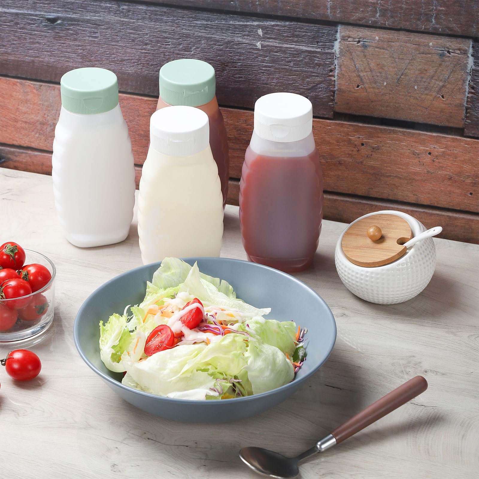 Paquete de 6 botellas de condimentos para líquidos, ketchup, aceite, mostaza, salsa picante, botellas con tapas, botellas de plástico de 380 ml para salsas, botellas de aderezo de ensalada,