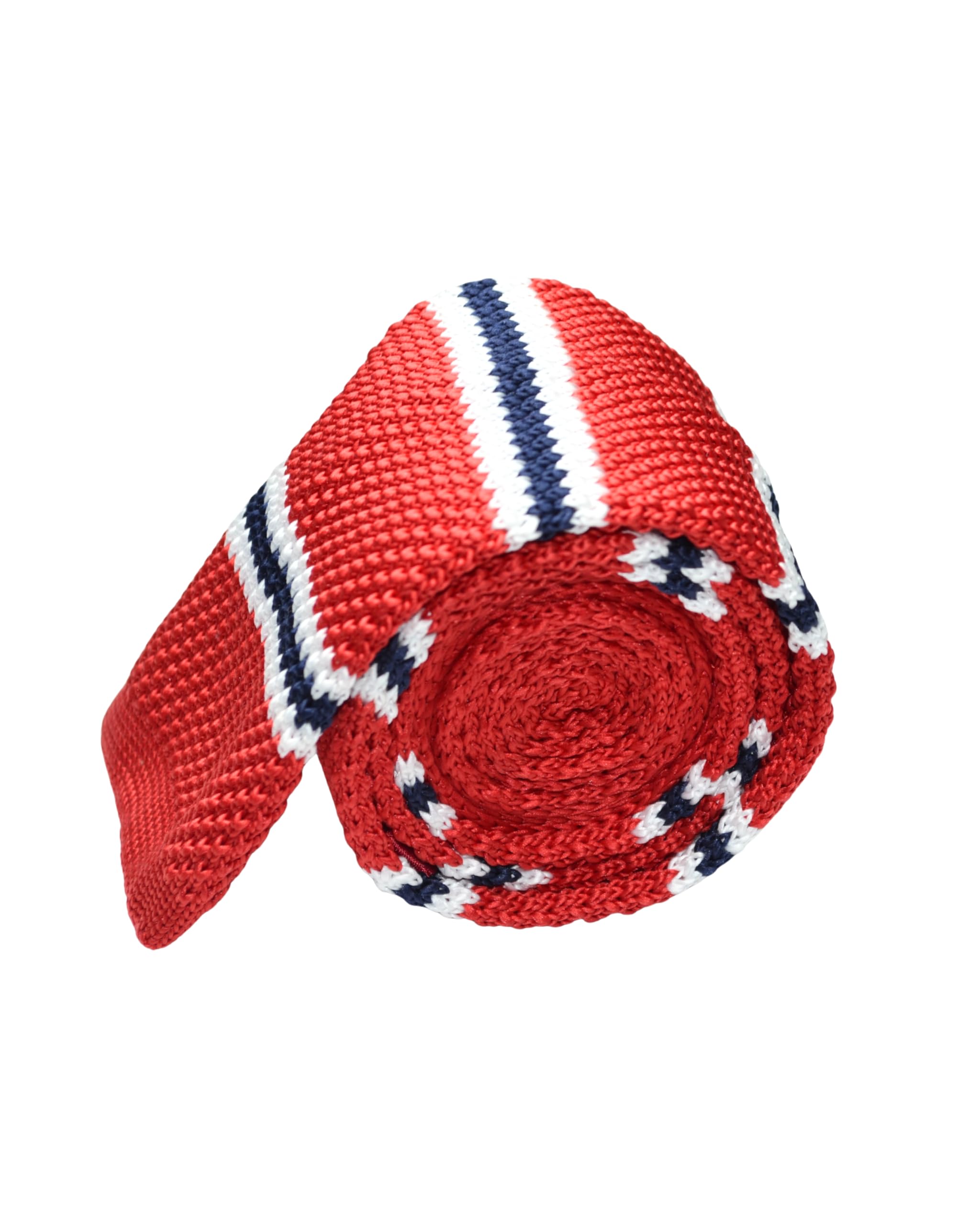 Men’s Knit Tie – Red Striped Textured Necktie with Navy & White Accents – Classic Slim Style for Business, Weddings, Casual & Formal Wear-image-48