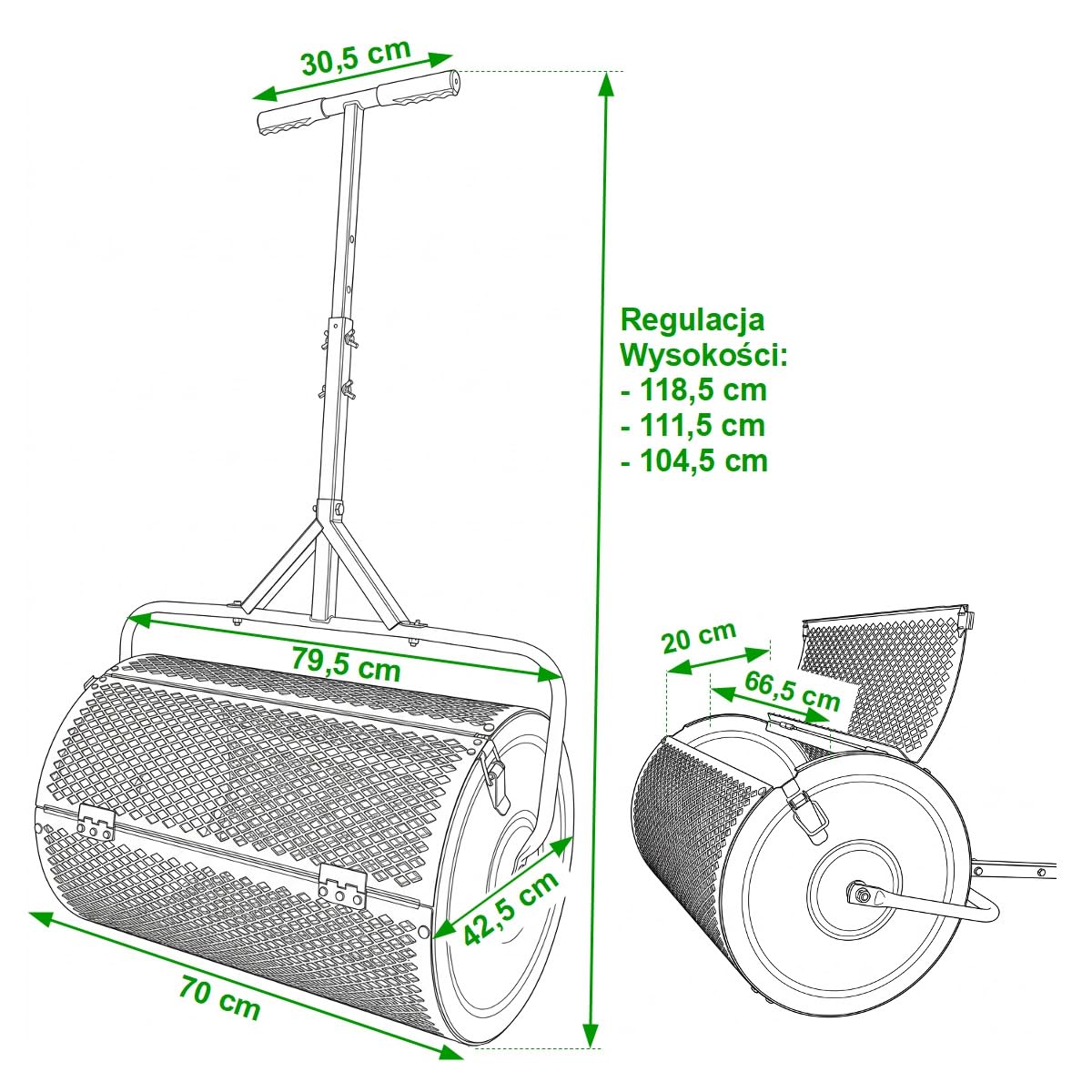 Kompoststreuer 95 L mit 70 cm Arbeitsbreite Düngerstreuer Kompostwalze Gartenstreuer für Dünger Saat mit T-Griff 3 Höhen verstellbar Rasenpflege
