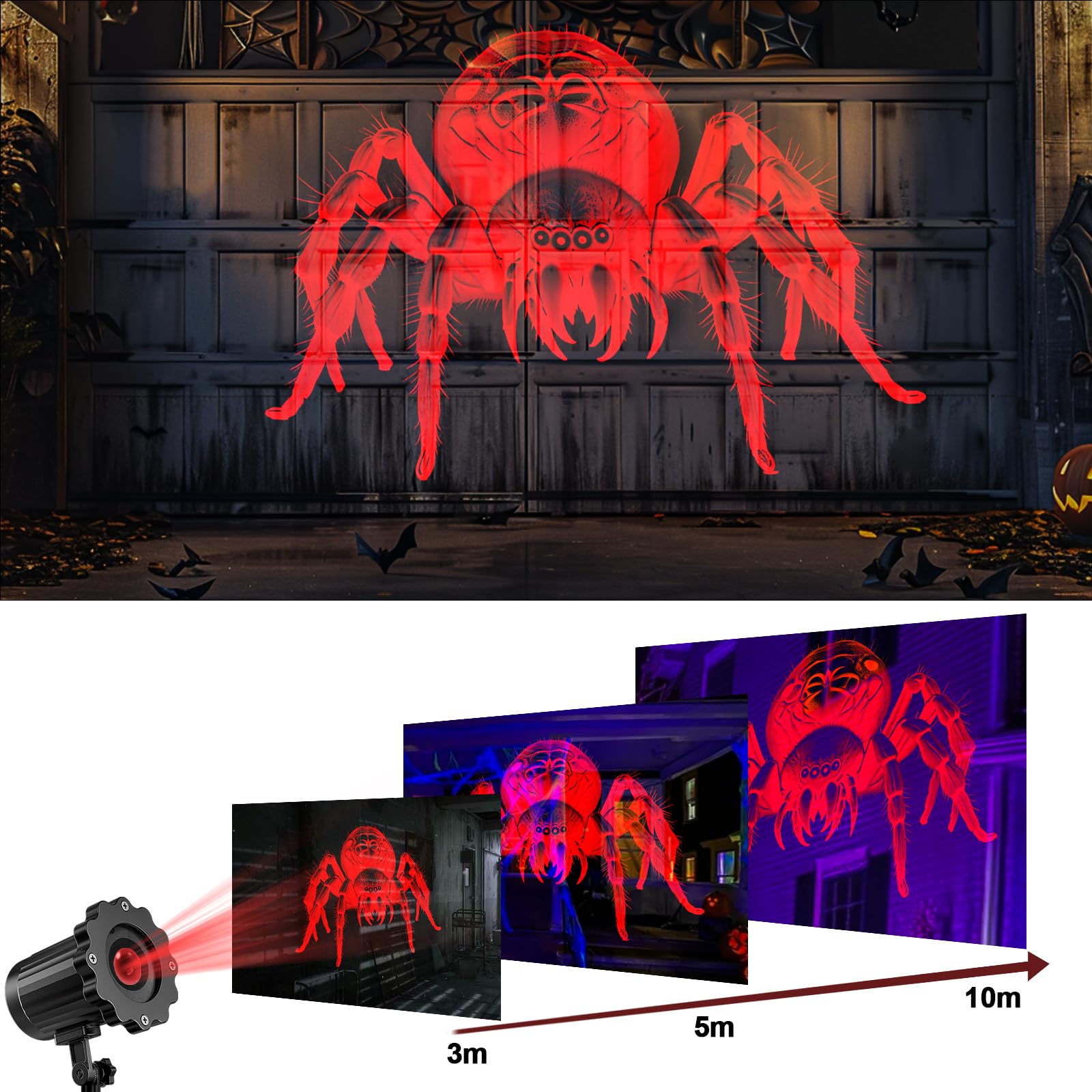 Halloween Deko Outdoor Innen,3D Dynamische Halloween Projektor, Wasserdicht LED Projektionslampe mit Roter Spinne für Wand Friedhof Fenster Garten Hof Party Deko Projector Light