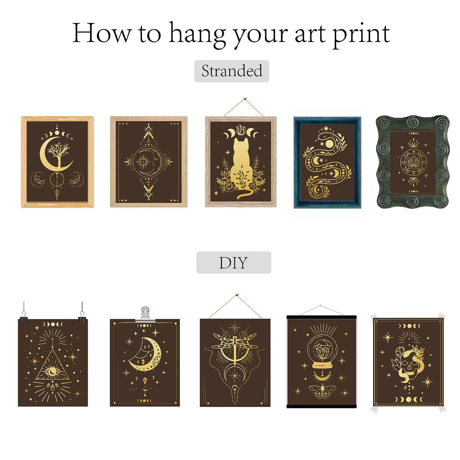 CREATCABIN 10pcs Canvas Prints Wall Art Tarot Black Poster Hanger Set Witch Decor Gothic Moon Phase Lotus Cat for Living Room Bedroom Bathroom Home Gift Decorations 8 x 10 Inch,Unframed - Image 4