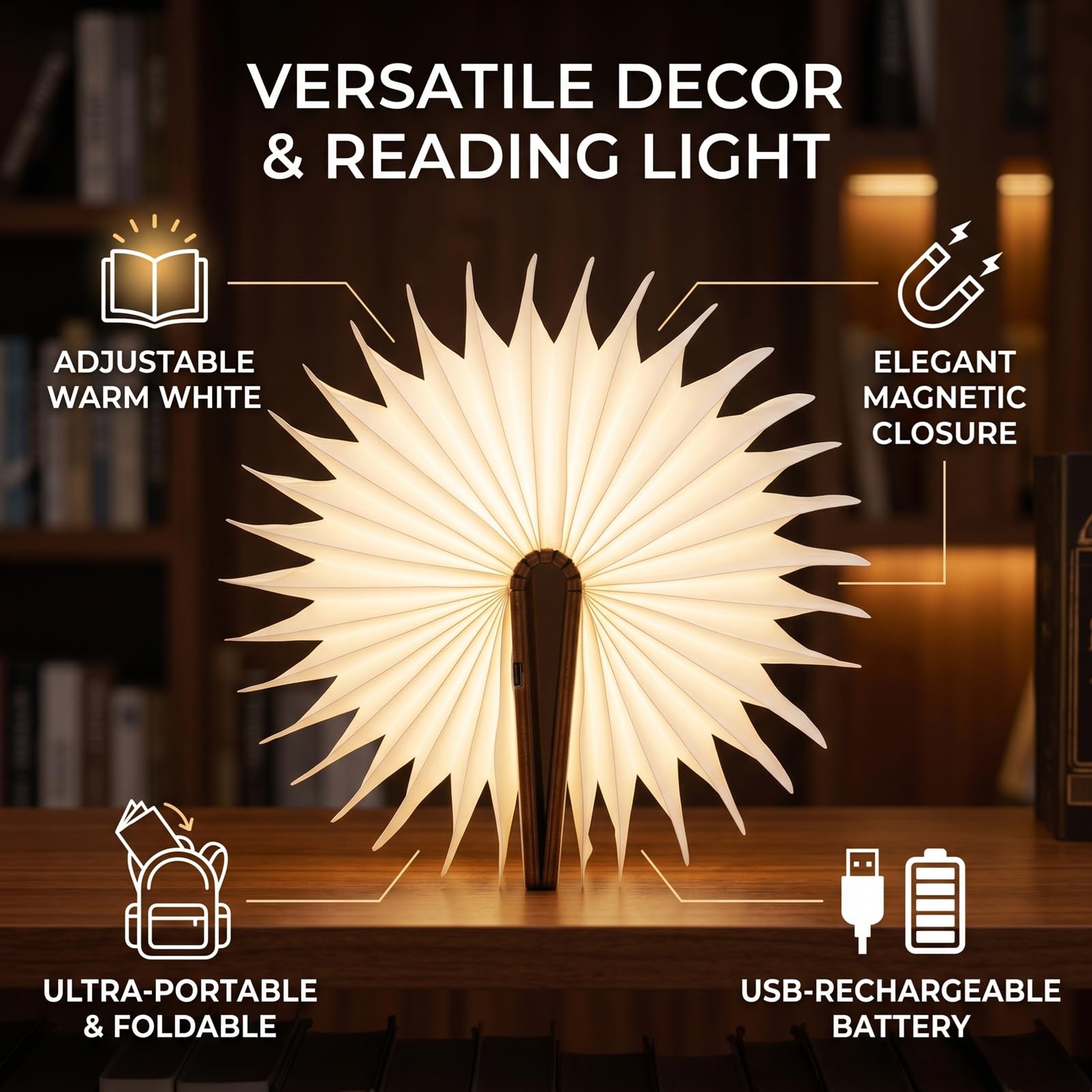 Fockety Zusammenklappbares LED-Buchlicht, USB Wiederaufladbar, 1200 MAh Akku, Verstellbares Warmweißes Licht, Holzpapier-Nachtlicht mit Magnetverschluss Zum Lesen, Zuhause, Bibliothek, (schwarze