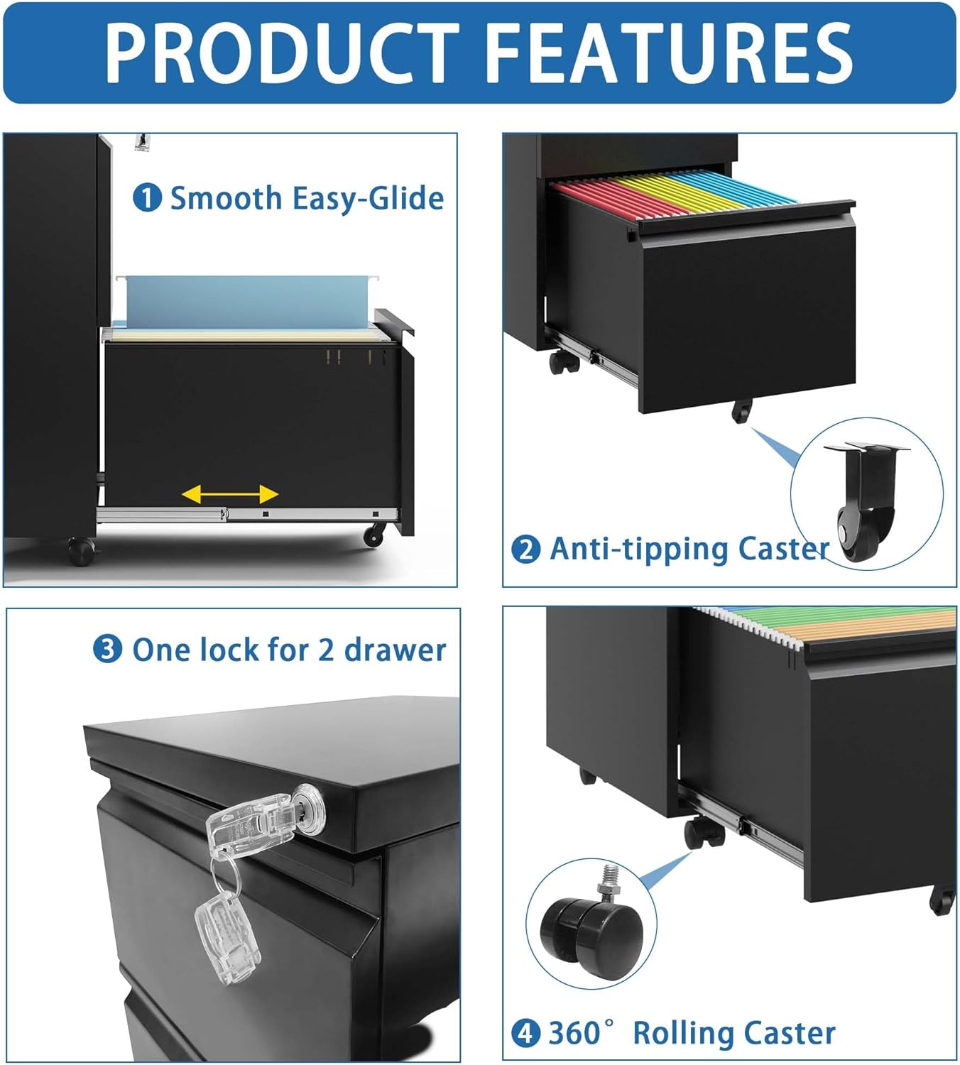 File Cabinets for Home Office, Rolling Metal Filing Storage Cabinet Organizer with 2 Drawers and Wheels, Mobile Under Desk Vertical Printer Stand Unit for Small Space Legal/Letter/a4 Size (Black)