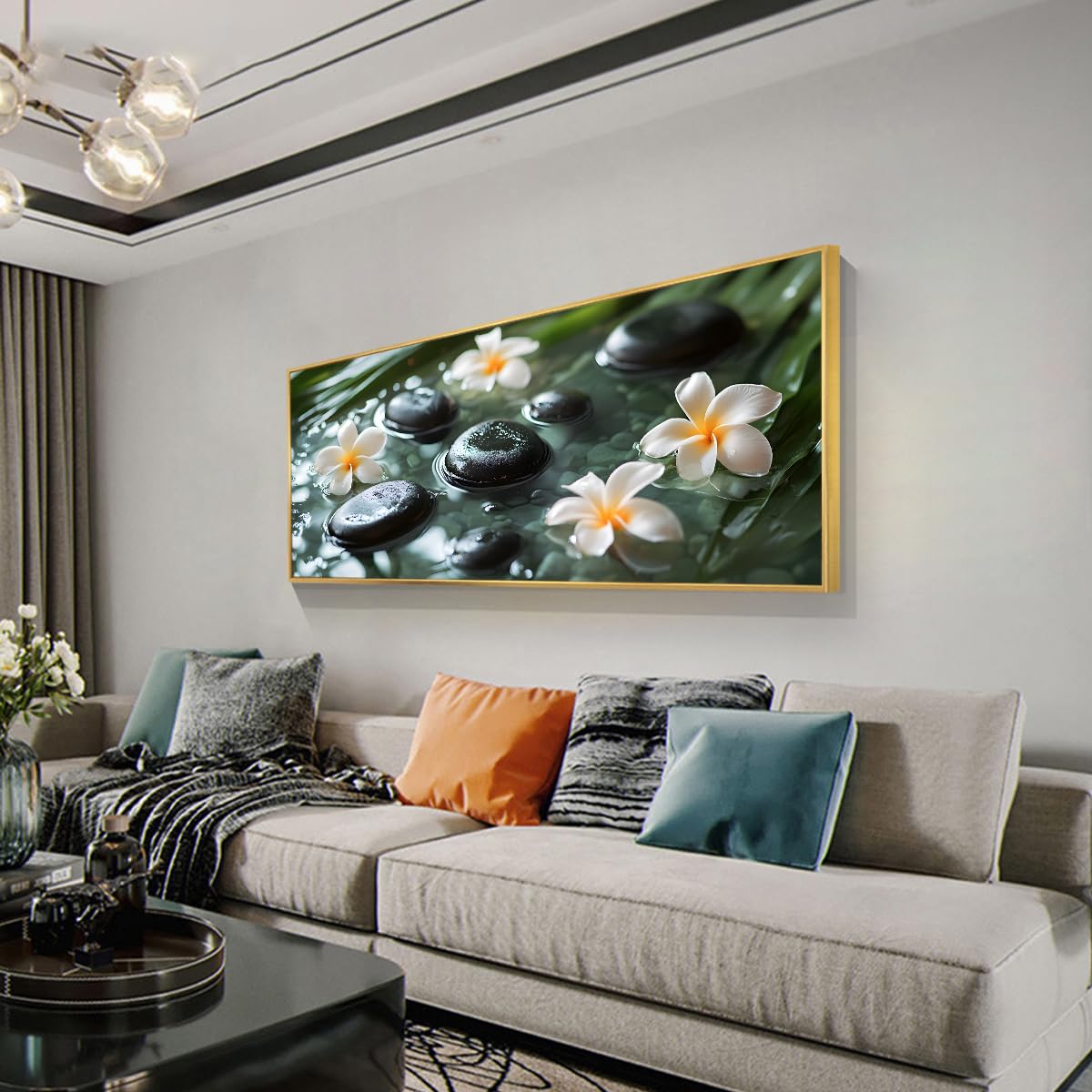 Via Vela Zen kamienie i kwiaty płótno sztuka ścienna nowoczesny styl spa grafika wydruki relaks natura mural do salonu sypialnia wystrój biura 40x101cm ze złotą ramką