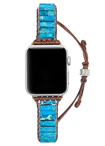Smarwiss Handmade Boho Watch Bracelet Compatible with Apple Watch Band 41mm 40mm 38mm, Turquoise Wax Rope Weaving Beads Watch Strap for iwatch
