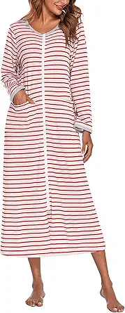 Ekouaer Women Long House Coat Zipper Front Robes Full Length Nightgowns with Pockets Striped Loungewear S-4XL