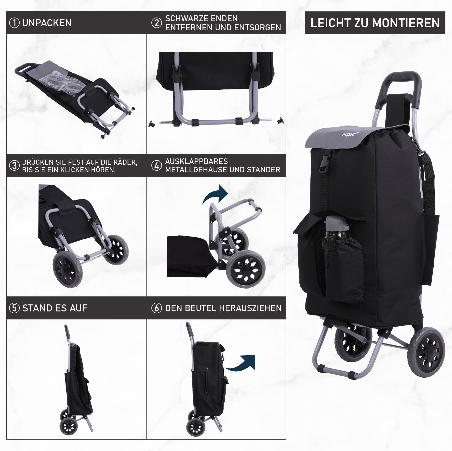 Hoppa Einkaufstrolley mit Rädern 42L Große Kapazität – Leichter Faltbarer Einkaufstrolley | Isolierte Einkaufstasche | Wasserabweisend | 2-Rad Trolley mit Taschen & Schultergurt+