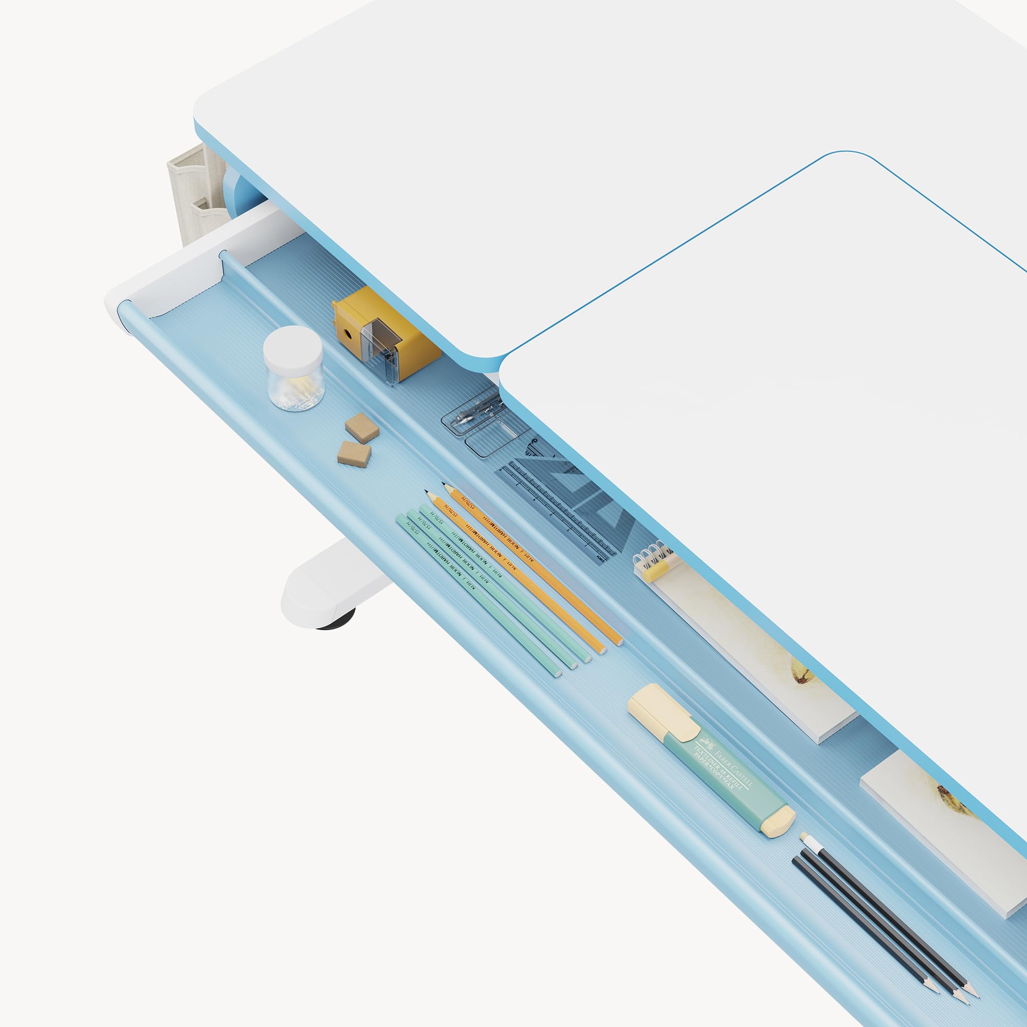 [en.casa] Scrivania Regolabile in Altezza 54–76 cm per Cameretta con Piano 120 x 60 cm Inclinabile e Cassetto Portaoggetti Tavolo Studio Disegno per Bambini Ganci Borsa Laterale - Azzurro/Bianco