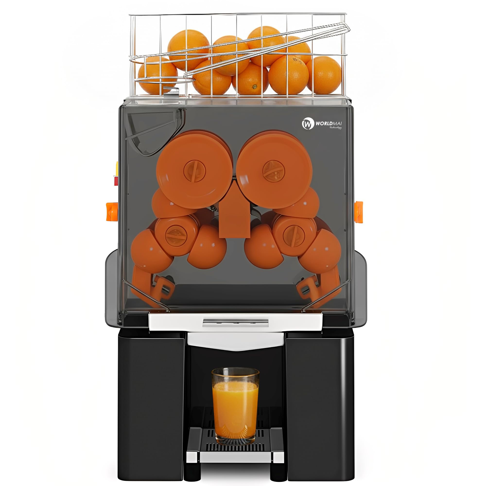 Exprimidor de naranjas automático industrial WORLDMAI para hostelería. Exprimidora profesional de zumos cítricos para bar, cafetería y supermercado.