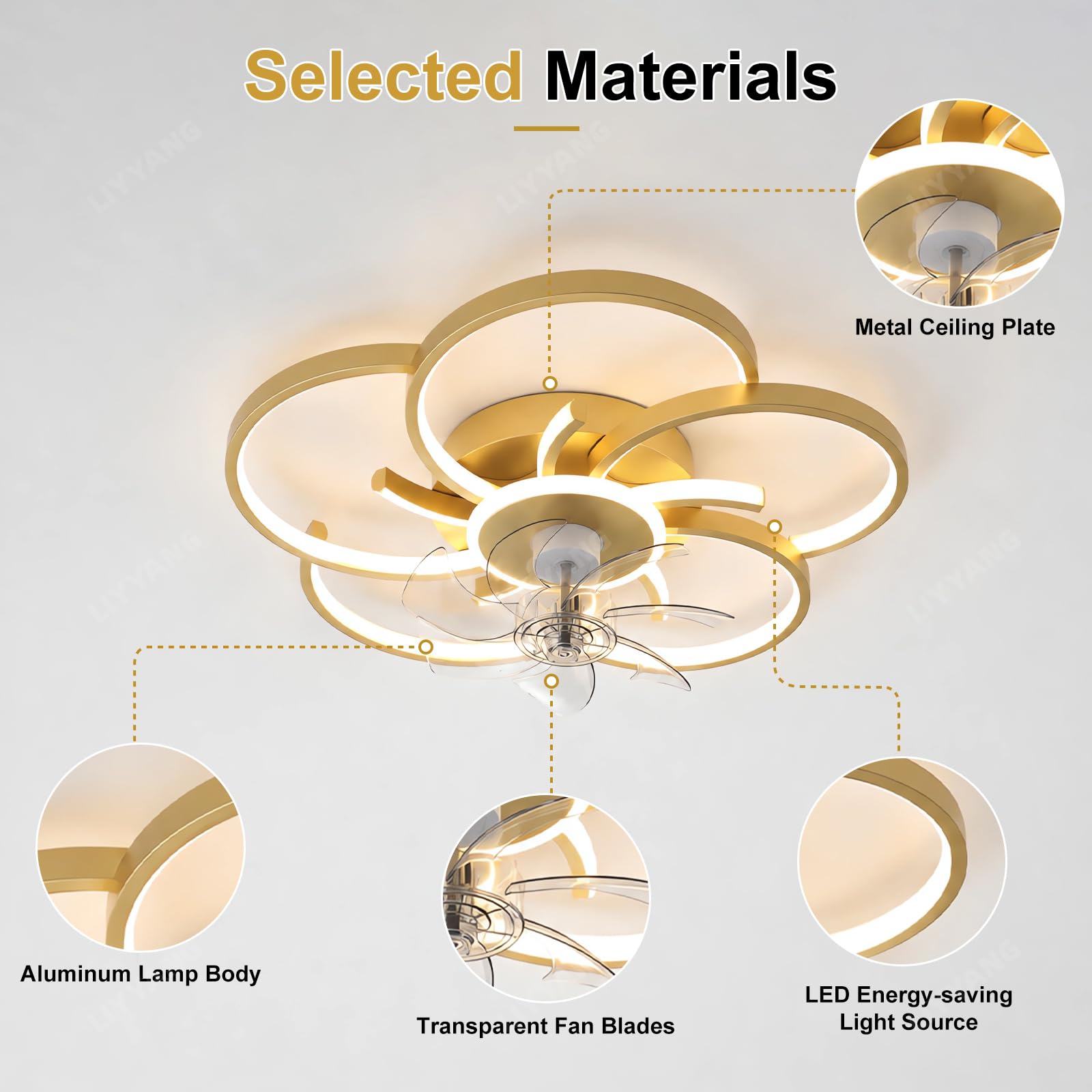 37W Kreis LED Deckenleuchte mit Ventilator, Moderne Dimmbare Deckenventilatoren, 6-Speed Lampe mit Ventilator Mit Fernbedienung App Timer Leiser für Schlafzimmer Esszimmer Büro (Gold)