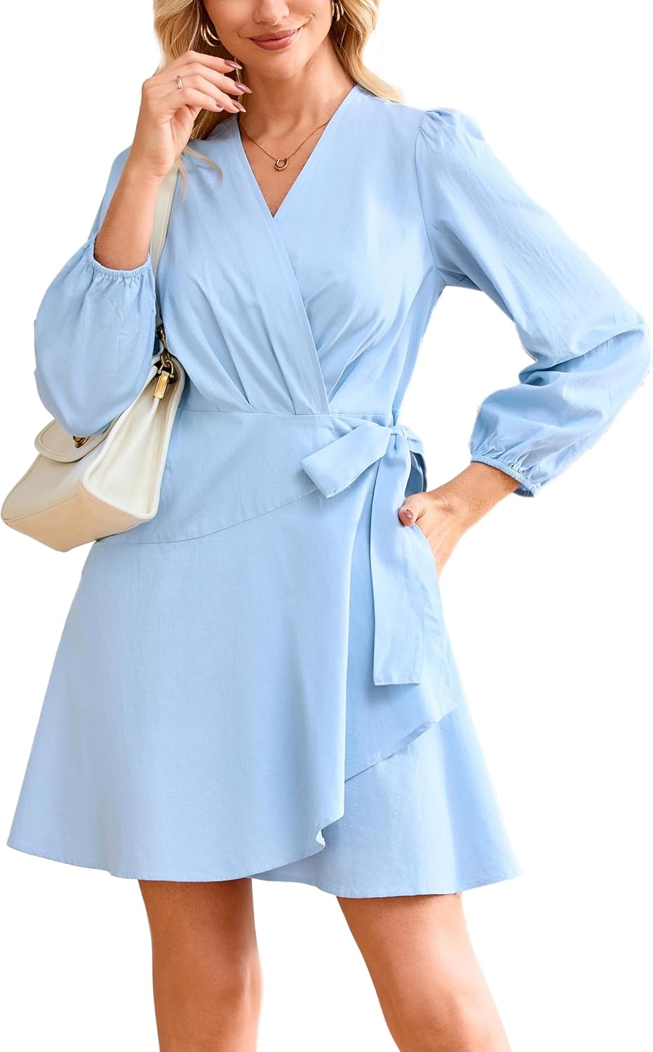 Women's Wrap V Neck Tie Waist Mini Dress Casual Long Puff Sleeve Belted A Line Short Beach Vacation Dress