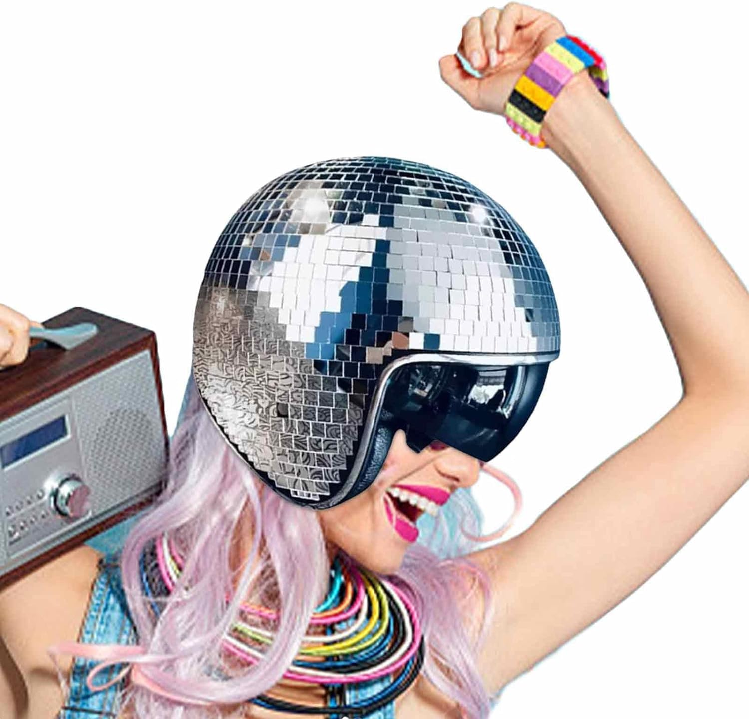 Casque de bal disco, casque de bal disco, casque de boule à paillettes miroir, avec visière rétractable, pour fête DJ