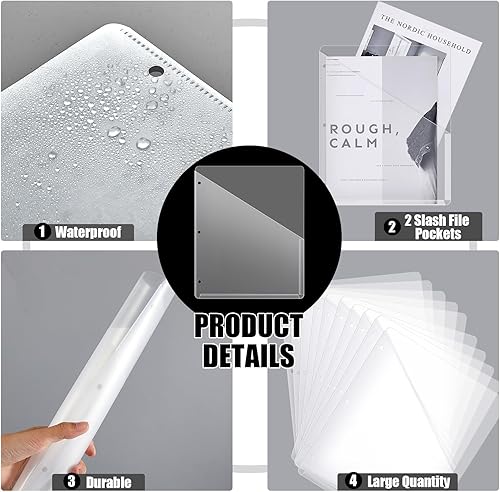 Miniatura 9 de Seajan 48 carpetas de 3 agujeros perforadas con 3 anillas, fundas de plástico transparente de polietileno translúcido, bolsillos organizadores para