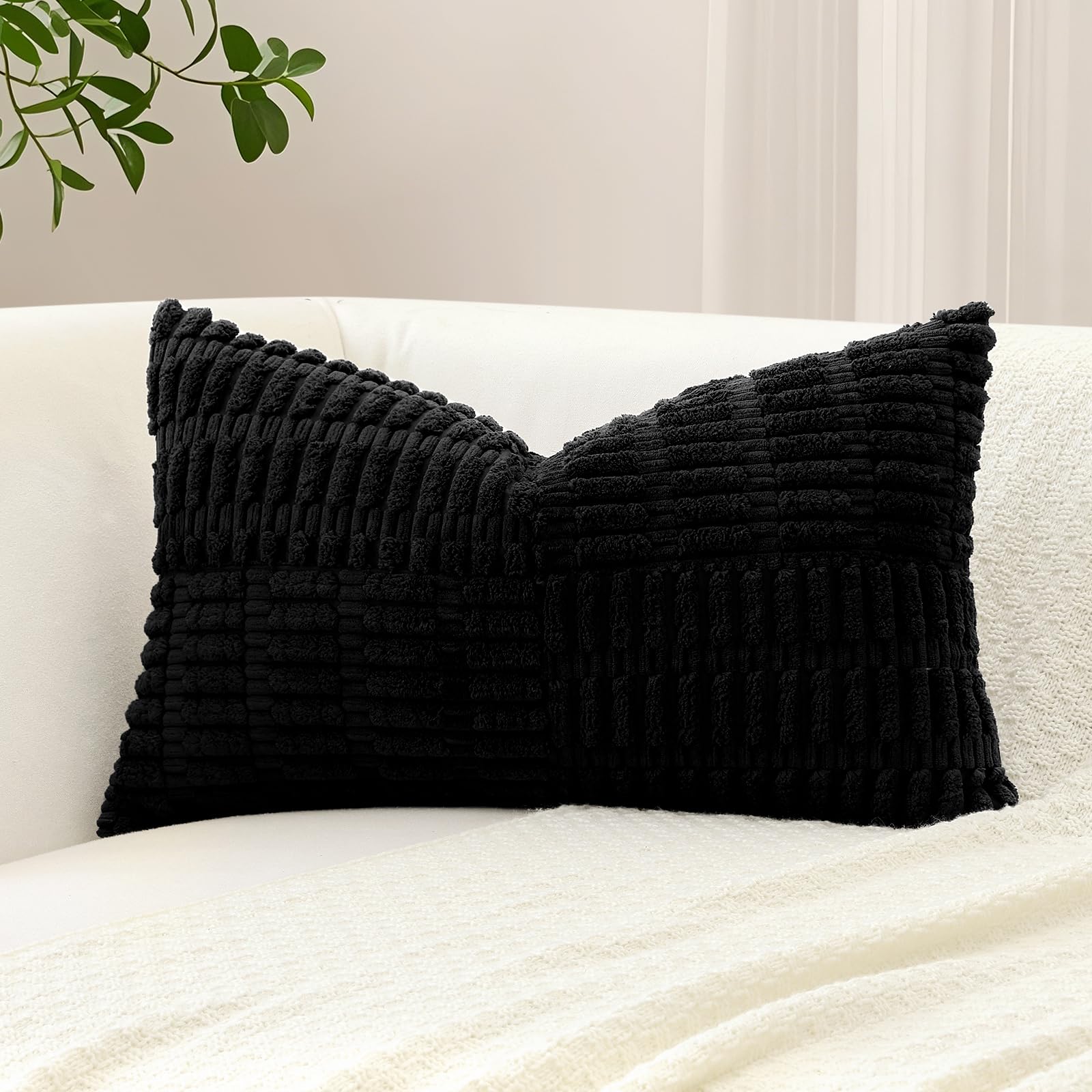 Sungeek Set of 1 Decorative Cushion Cover 30 x 50cm Soft Corduroy Striped Cross Patchwork Textured Pillow Case Boho Farmhouse Lumbar Throw Pillow Cover for Sofa Bed Patio 12x20 Inch, Black — image 1