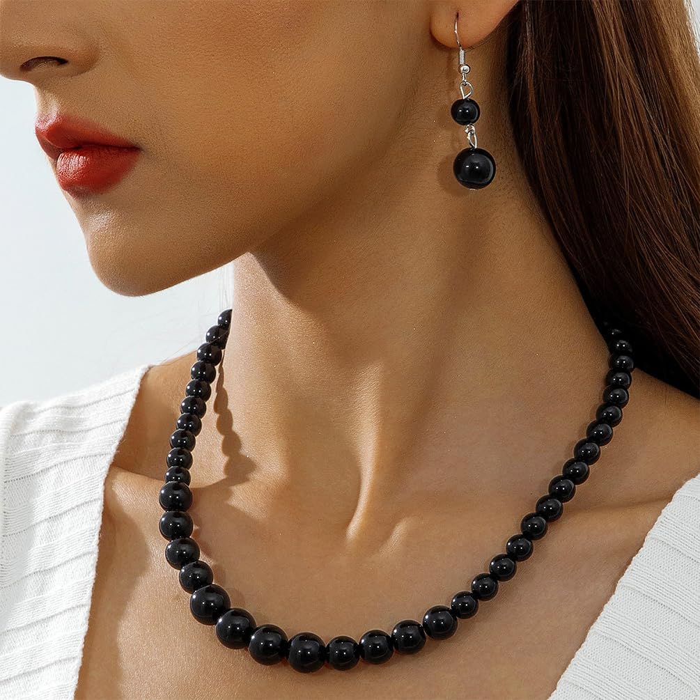 Trendy Beaded Black Pearl Choker Necklace Earring for Women, Dark Gothic Simple Beads Dangling Earrings Vintage Party Costume Jewelry Gift Accessories - Image 3