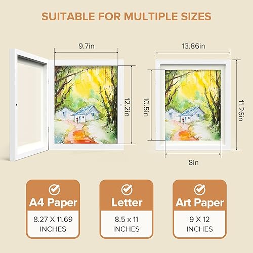 Miniatura 6 de Paquete de 4 marcos de arte para niños, marcos de arte para niños, exhibidores intercambiables de 8 x 10.5 pulgadas con paspartú o de 9 x 12