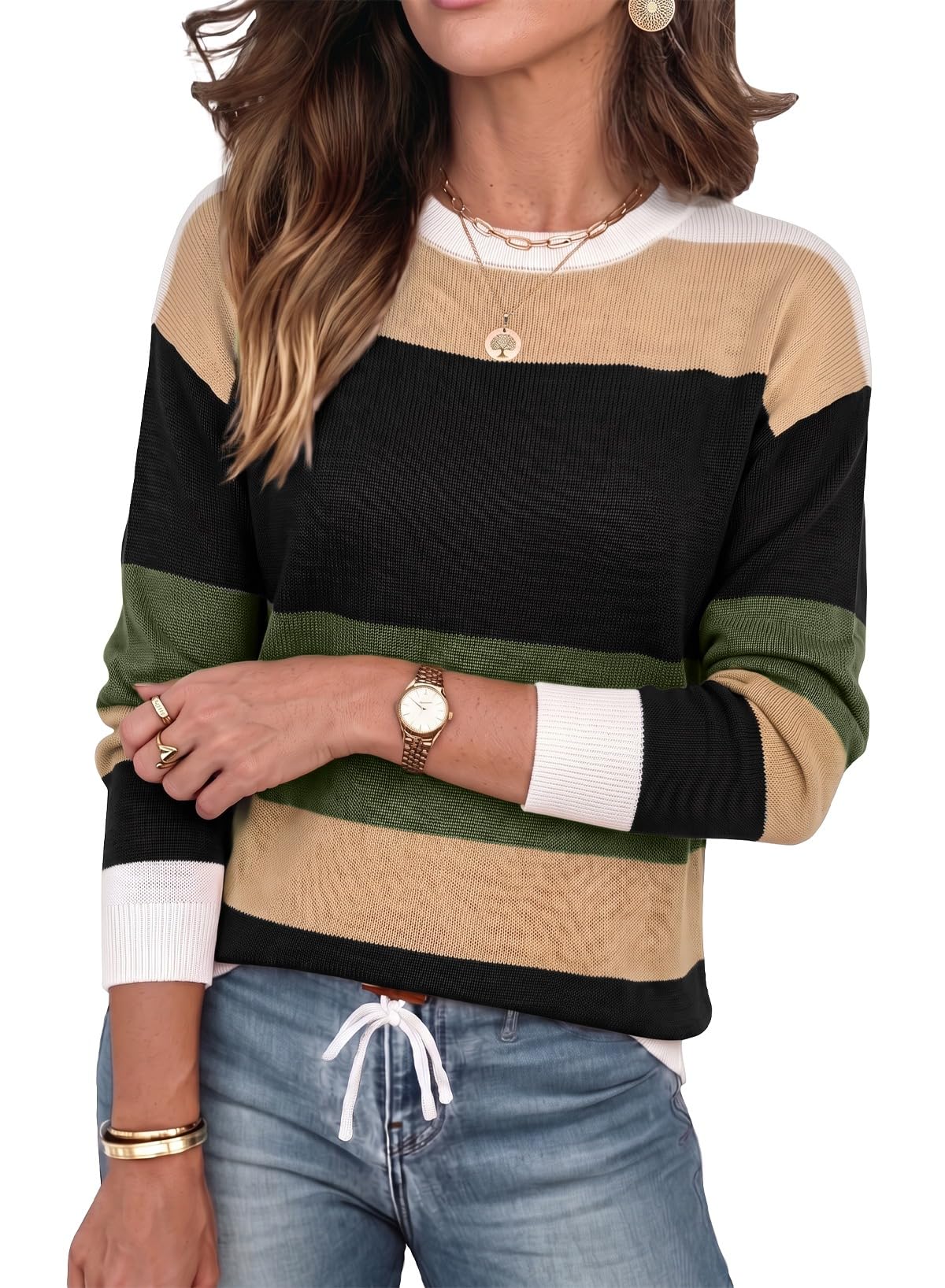 Dokotoo Womens Sweaters Striped Fall Winter Outfits 2025 Crewneck Drawstring Color Block Fashion Clothing