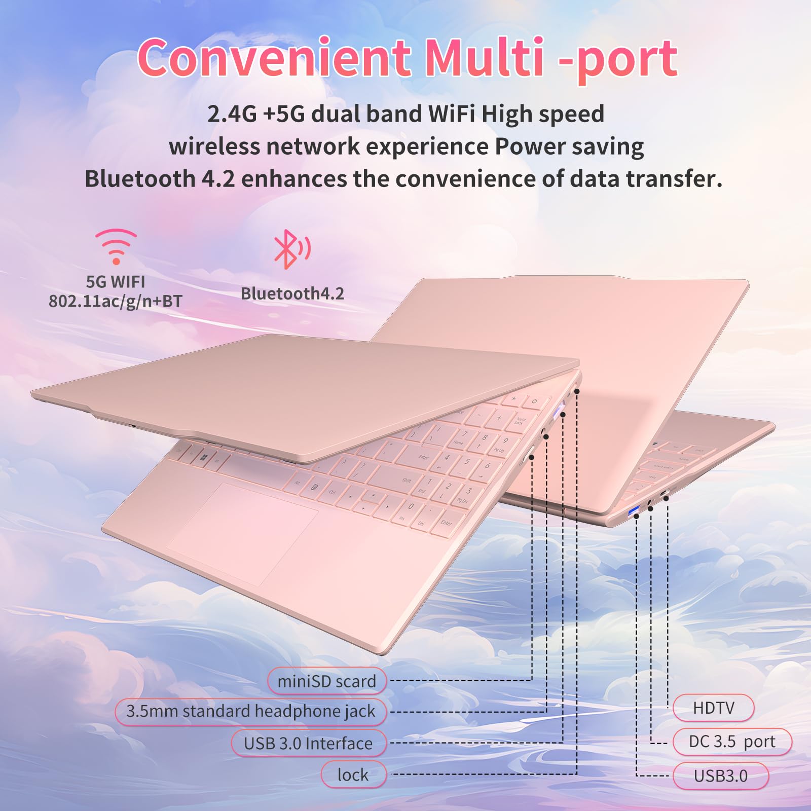 Auusda 14.1" Pink Laptop Computer with 2K Display, N5105, 32GB RAM, 1TB NVMe SSD, Type-C, HDMI, Backlit Keyboard Student Laptops Fingerprint, Win11 Pro Business Laptops 2 Years Warranty