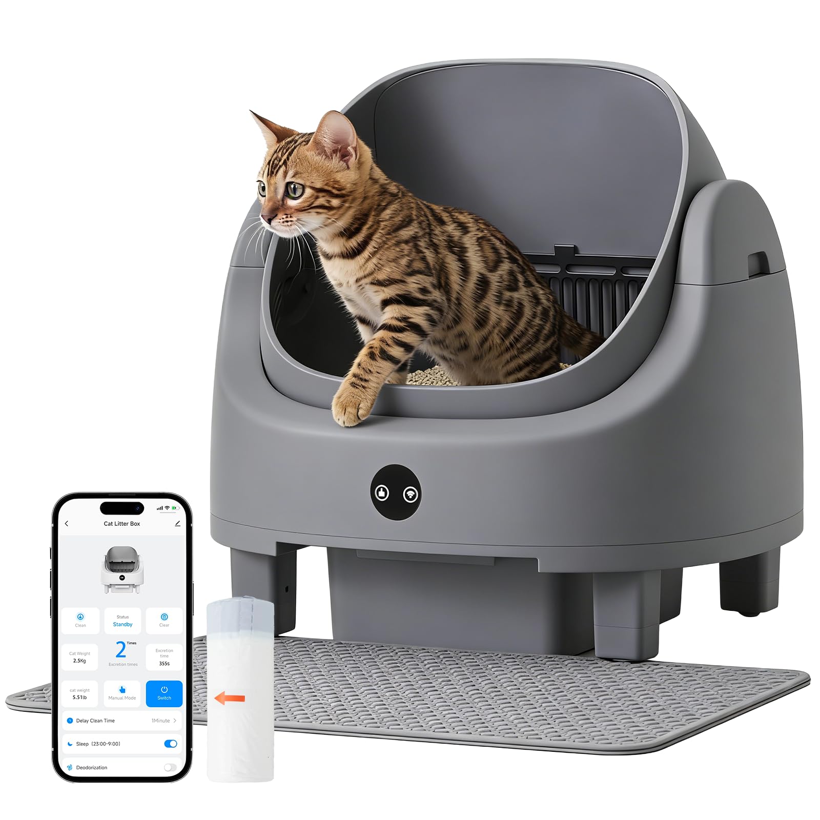 Self-Cleaning Cat Litter Box, Open Top Automatic Cat Litter Box with 8L Large Capacity, APP Control, Odor Removal, Quiet & Safe Sensor, for Cats of All Ages (Grey)
