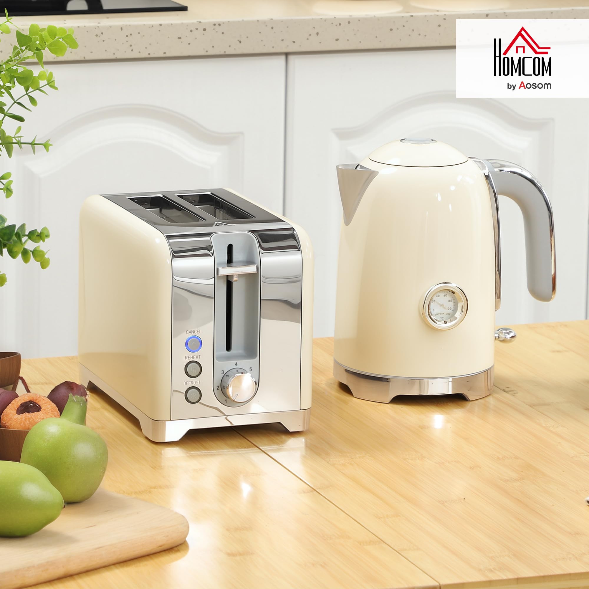 HOMCOM Wasserkocher Toaster Set, 2200 W, 1,7 L Edelstahl, Frühstückset, Cremeweiß