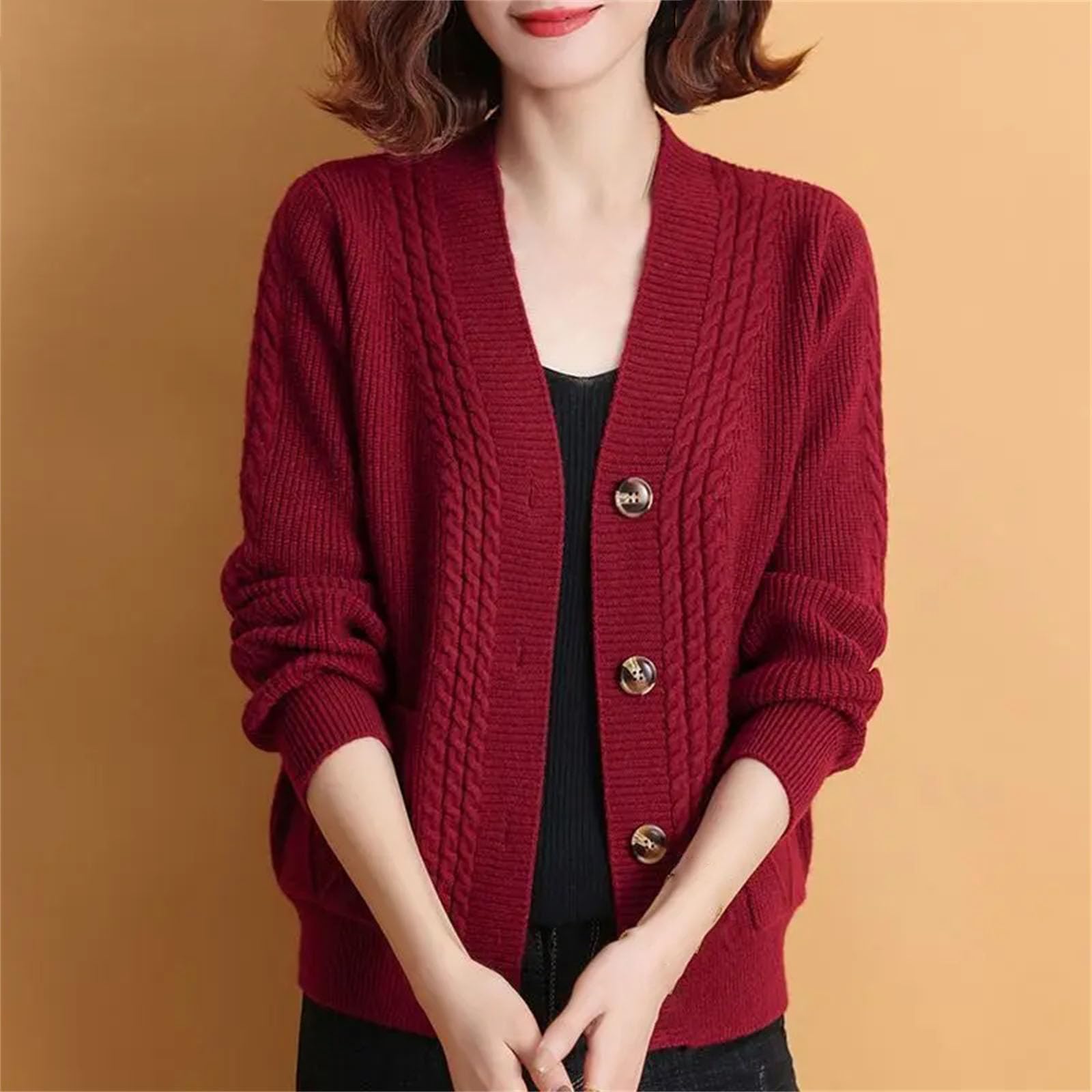 Cárdigan de punto para mujer, casual, manga larga, parte delantera abierta, con botones, a la moda, ropa de abrigo