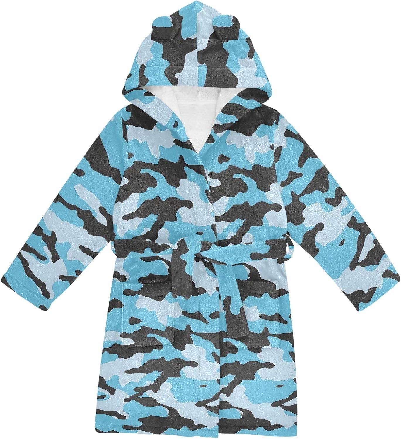 Blue Cartoon Stripes Toddler Hooded Bathrobe for Boys Girls Soft Plush Bath Towel Robe 2-12 Years