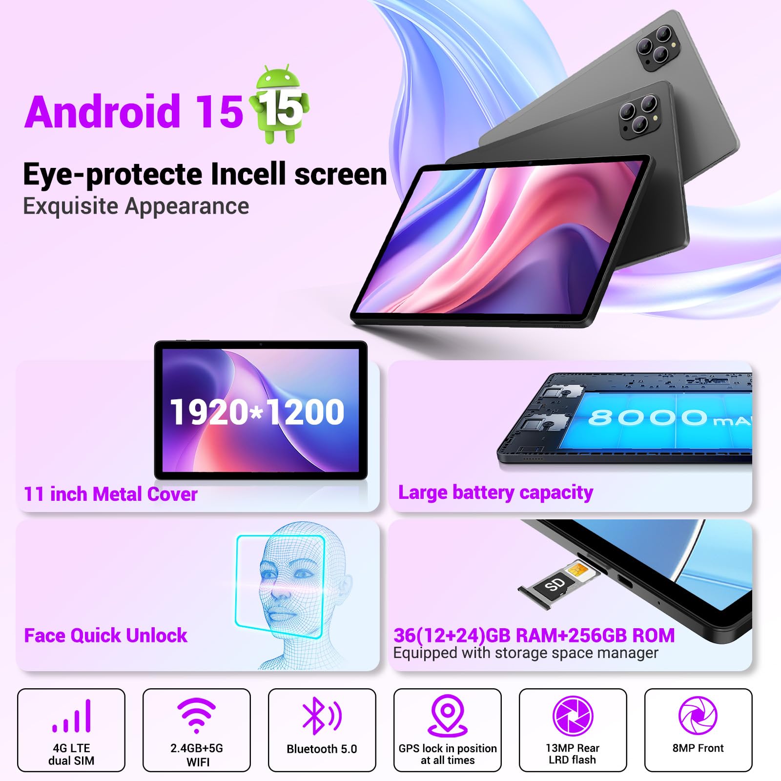 BEYNIVAN Tablet 11 Pollici Android 15 Tablet in Offerta con 4G LTE/5G WiFi, 36GB RAM+256GB ROM+2TB Espansione,9580mAh,Foto AI16MP+8MP,Face ID/GPS/BT 5.0/TÜV,tablets con Tastiera,Nero