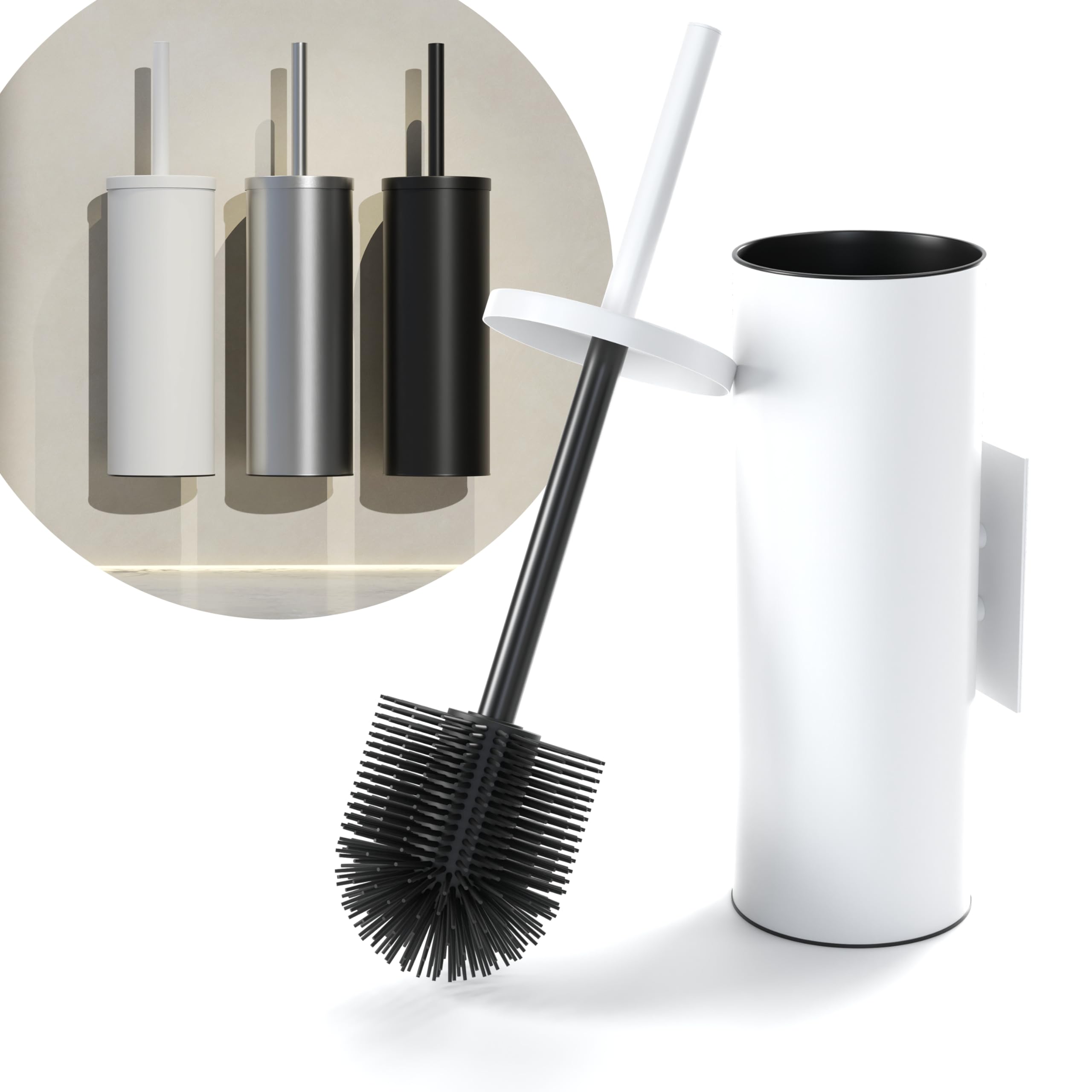 Savega White – Silicone Wall-Mounted Toilet Brush – No-Drill Wc Brush With Holder – Hygienic Flexible Toilet Brush – Modern Bathroom Brush Set