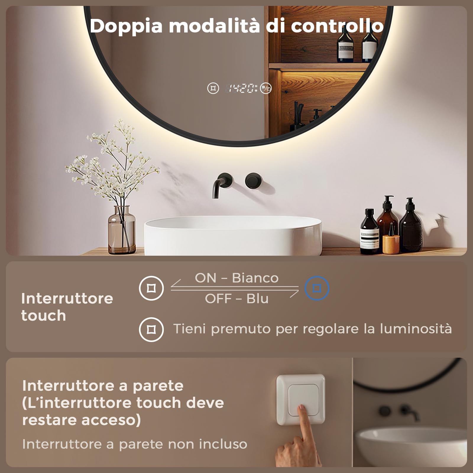 S'AFIELINA Specchio Bagno con Luce rotondo Ø 60 × 3 cm (P), Cornice Nera, Touch, Dimmerabile, Antifog, Orologio, Temperatura, Funzione Memoria, Specchio Bagno Retroilluminato, HD Vetro Temperato